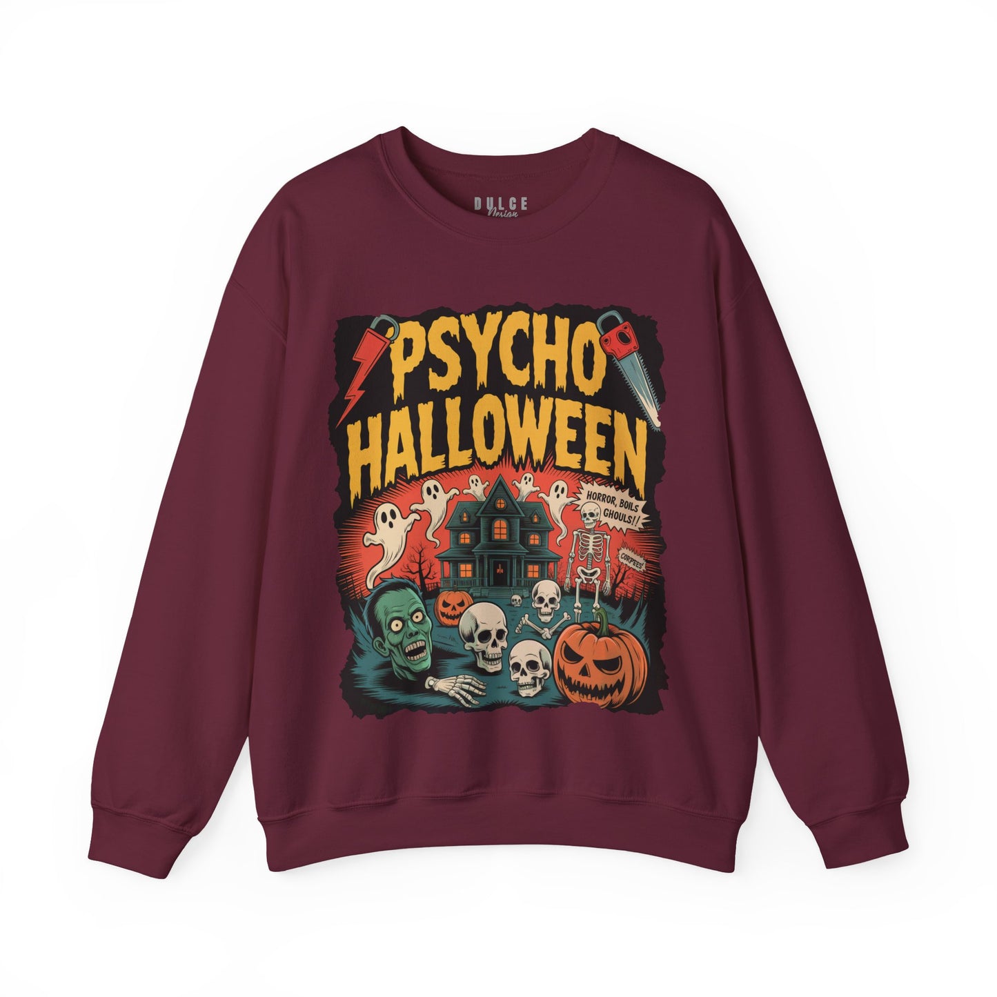 Maroon sweatshirt with 'Psycho Halloween' graphic design on a white background