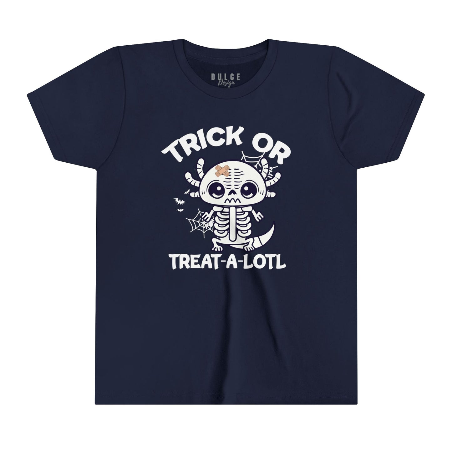 TRICK OR TREAT A-LOTL YOUTH UNISEX HALLOWEN TEE – CUTE AXOLOTL SKELETON SHIRT FOR KIDS- Navy / XL- Dulce Design Studio