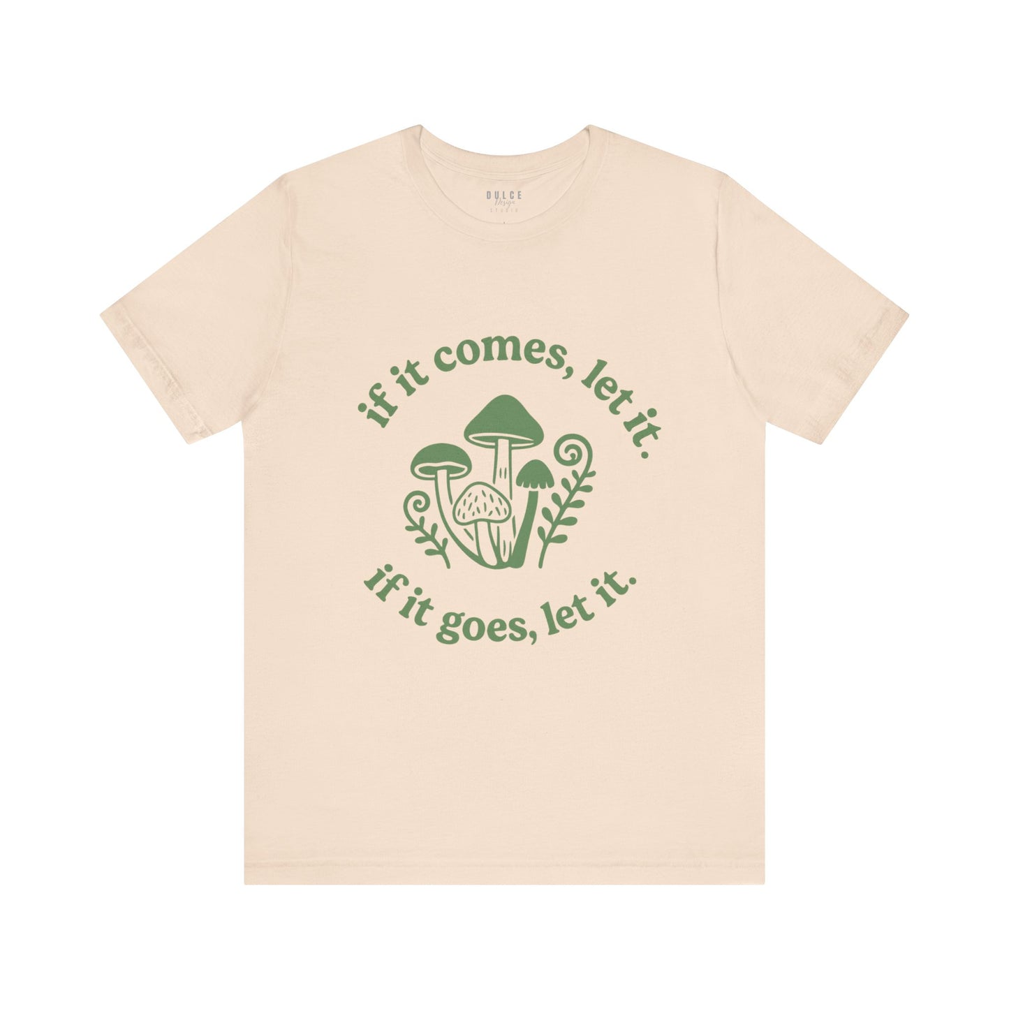 Beige t-shirt with green mushroom graphic and text on a white background
