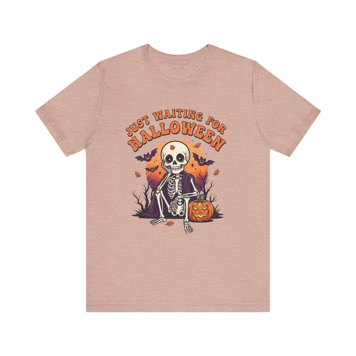 Halloween T-Shirt – Just Waiting for Halloween Skeleton Tee- Heather Prism Peach / 3XL- Dulce Design Studio