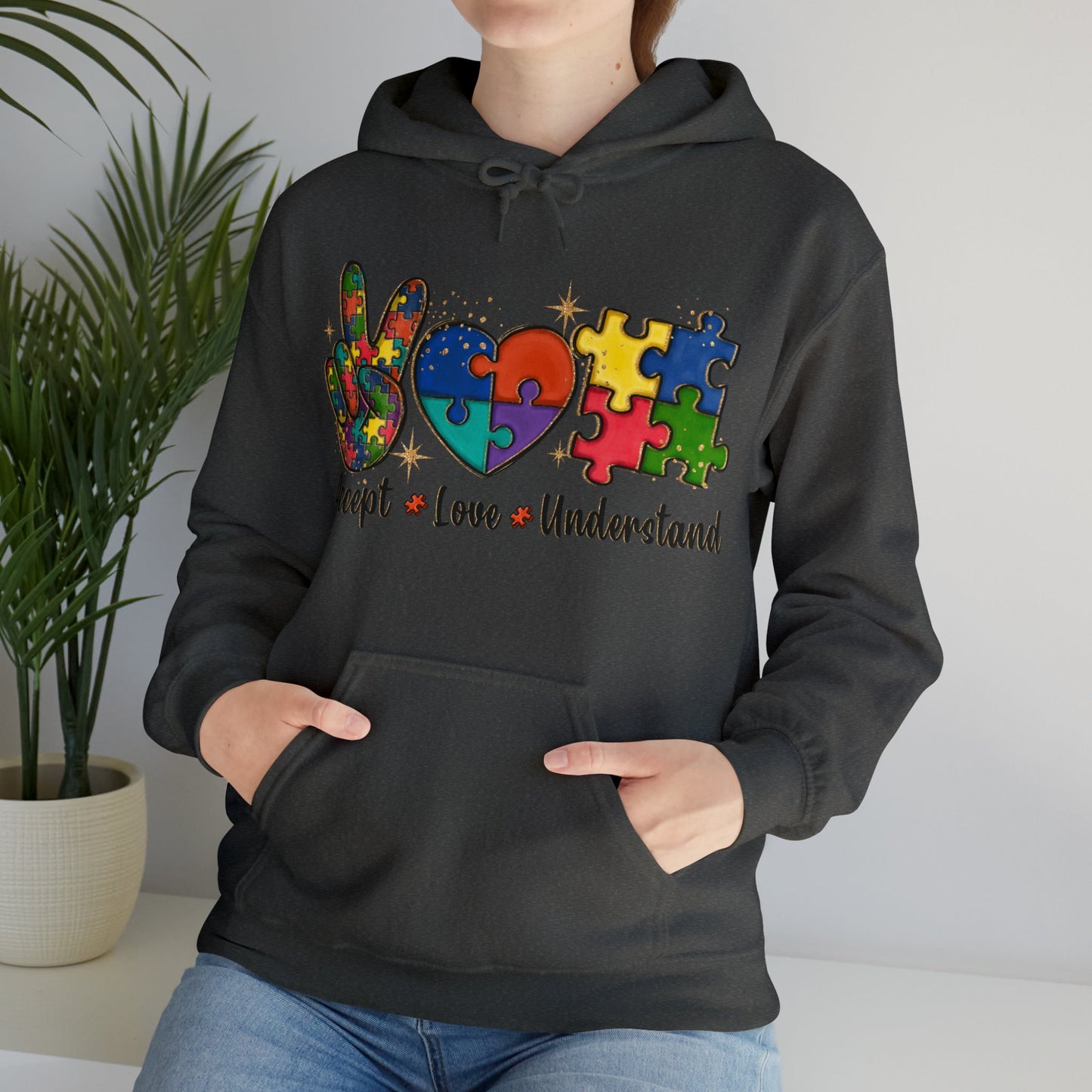 Peace Love Puzzle Hoodie – Inclusion & Advocacy Graphic- Dark Heather / 3XL- Dulce Design Studio