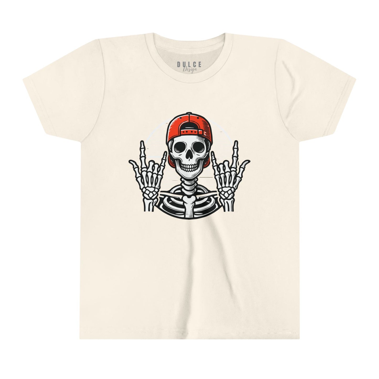 ROCKER SKELETON HALLOWEEN UNISEX TEE - COOL & EDGY SKELETON SHIRT FOR KIDS- Natural / XL- Dulce Design Studio