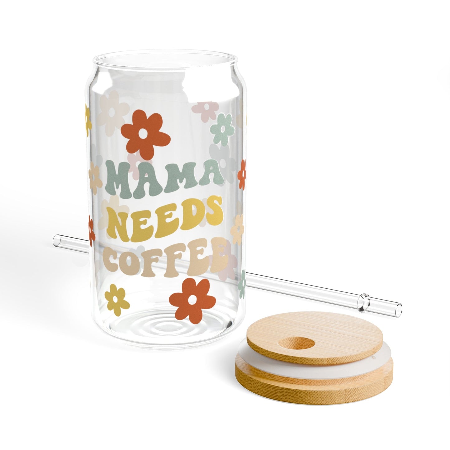 Mama Needs Coffee Glass Cup – 16oz Libbey Tumbler with Retro Floral Design- - Dulce Design Studio