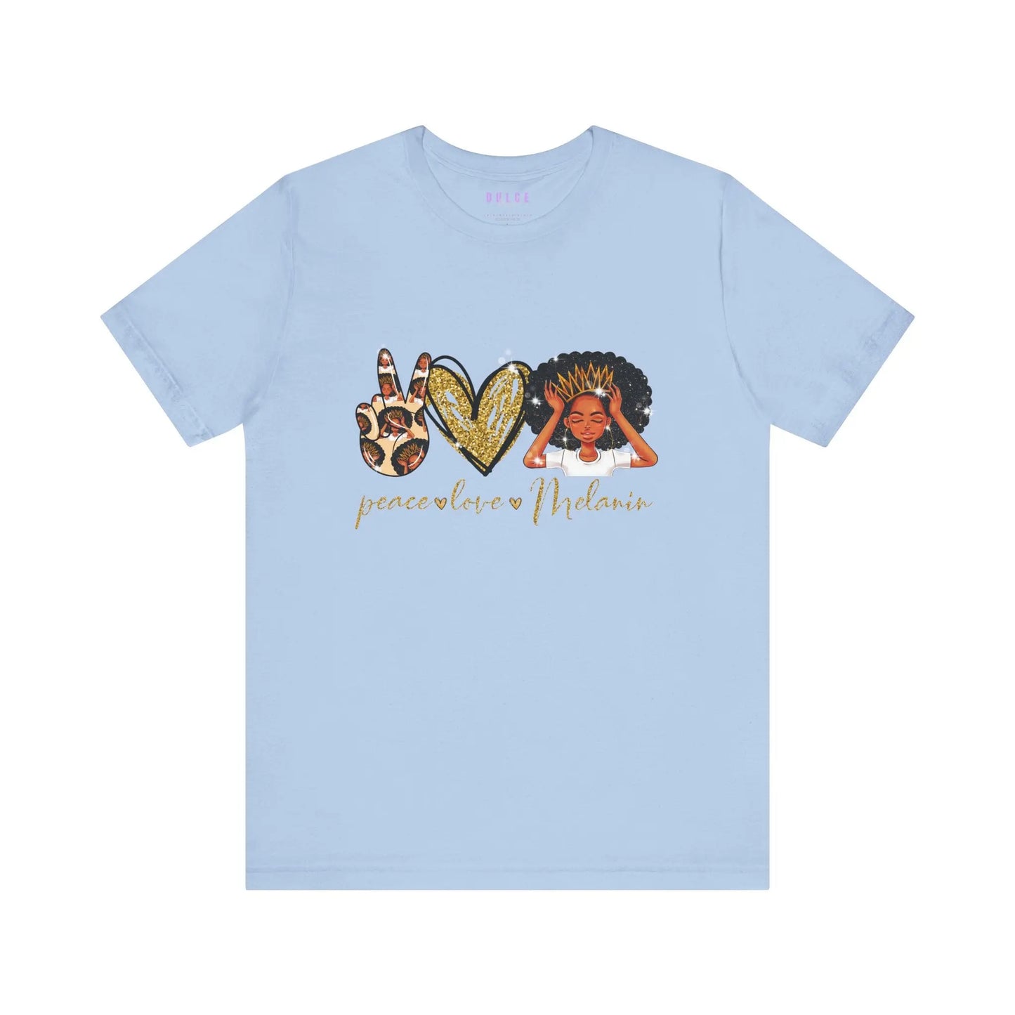 light blue t-shirt with a graphic design that includes the words 'PEACE', 'LOVE', and 'MELANIN' on the front
