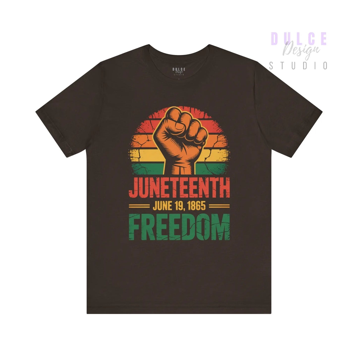 Black t-shirt with Juneteenth fist graphic and text on a white background