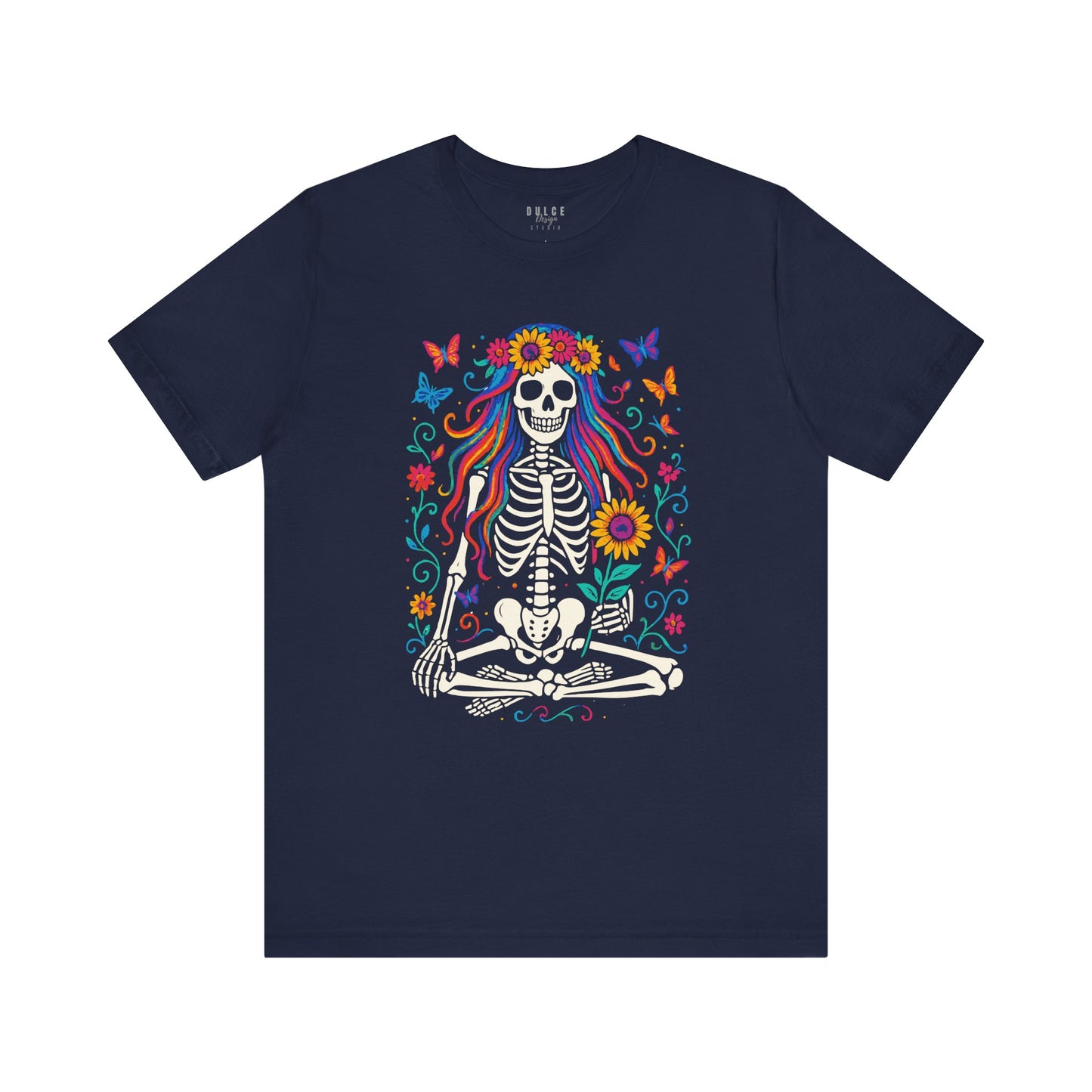 Meditating Skeleton with Rainbow Hair – Floral Boho Goth Tee - Dulce Design Studio