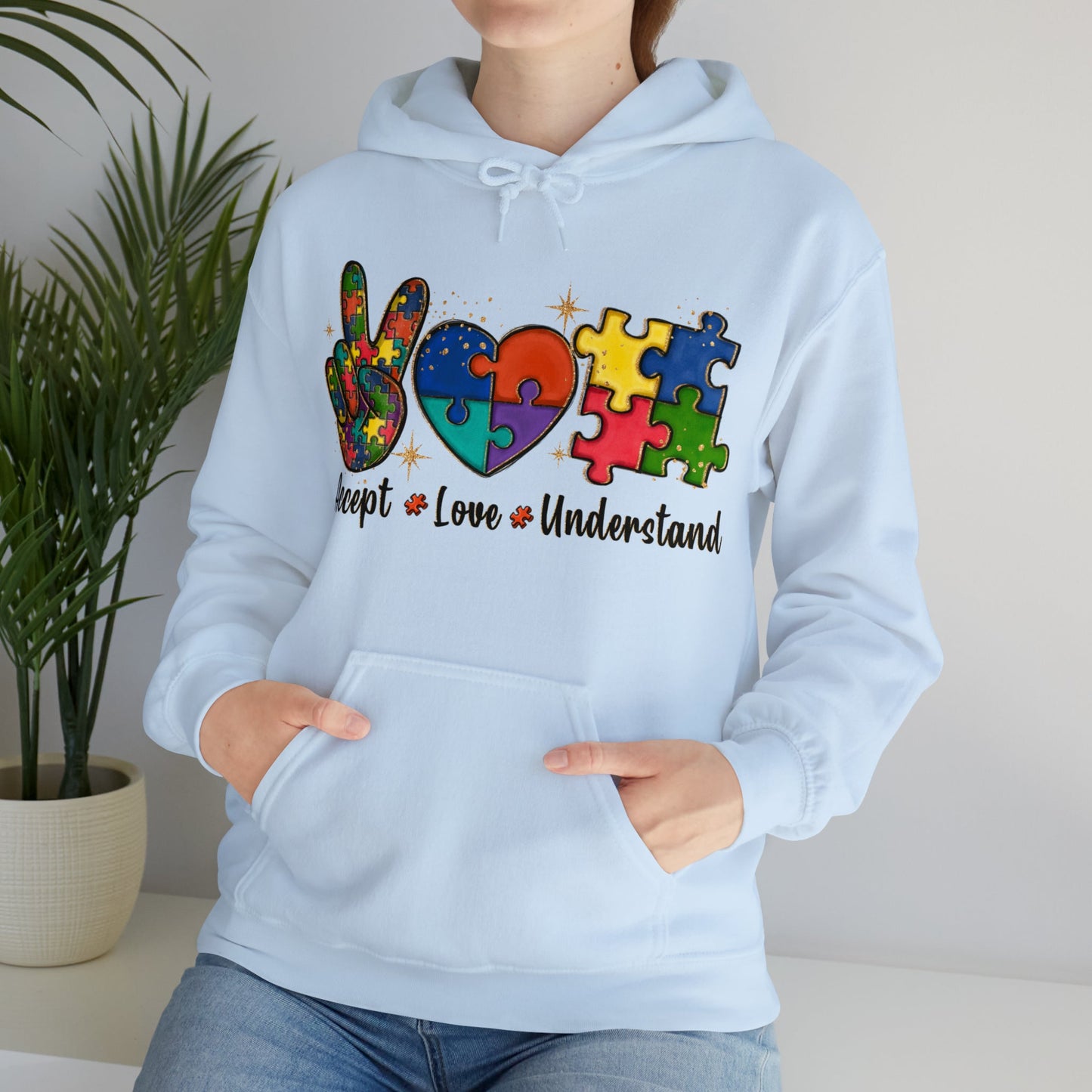 Peace Love Puzzle Hoodie – Inclusion & Advocacy Graphic- Light Blue / 3XL- Dulce Design Studio
