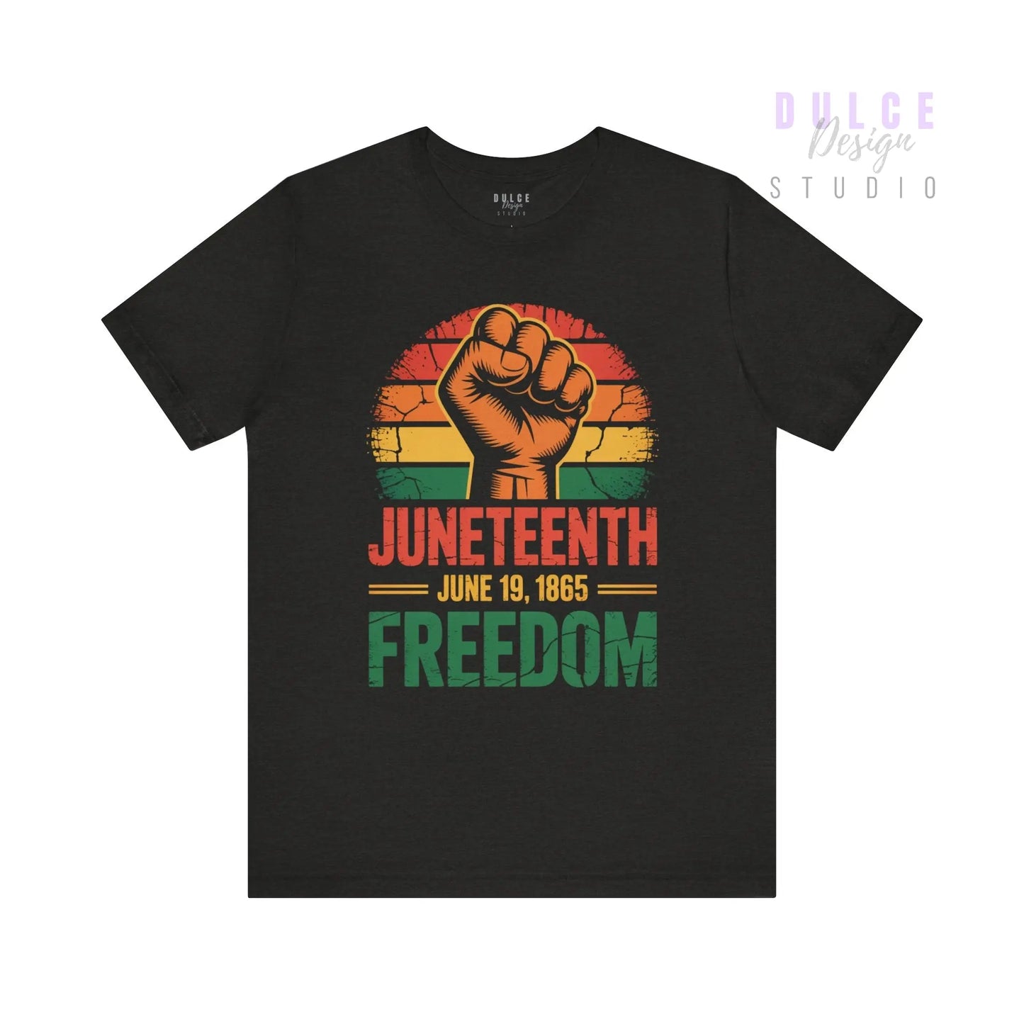 Black t-shirt with Juneteenth design featuring a raised fist and text on a white background