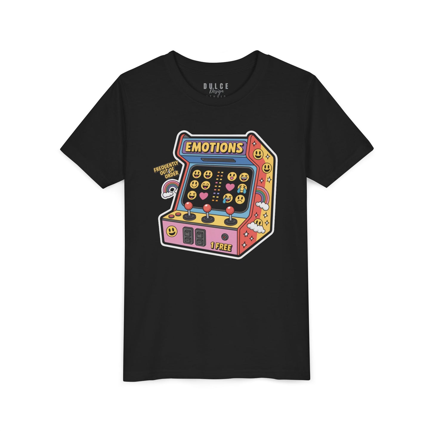 Kids black t-shirt with a colorful arcade machine design labeled 'Emotions – Frequently Out of Order' featuring emoji buttons and rainbow joysticks