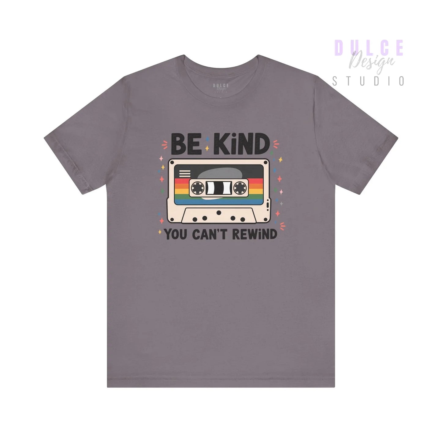 Gray t-shirt with a cassette tape graphic and 'Be Kind You Can't Rewind' text on a white background