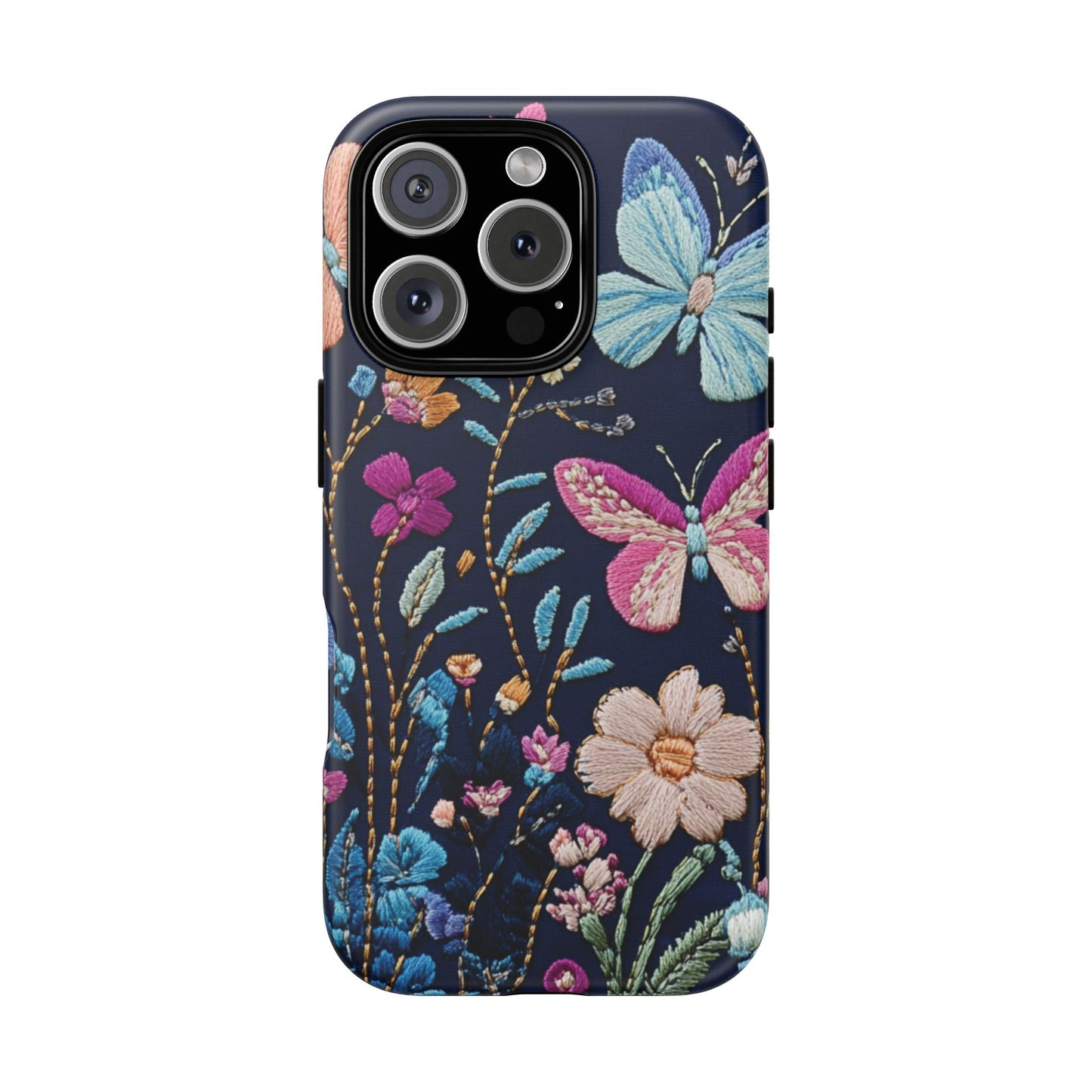 Floral and butterfly tough phone case with embroidered fabric look