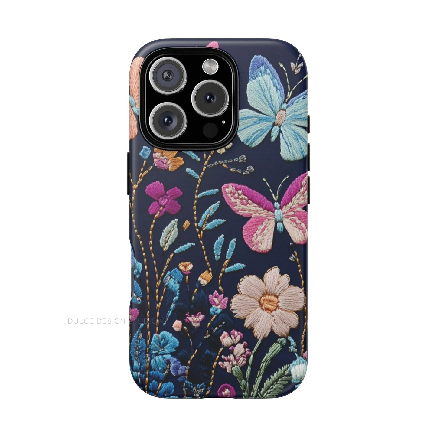 Floral and butterfly tough phone case with embroidered fabric look