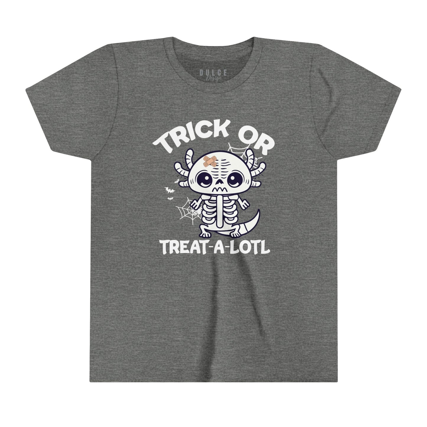 TRICK OR TREAT A-LOTL YOUTH UNISEX HALLOWEN TEE – CUTE AXOLOTL SKELETON SHIRT FOR KIDS- Deep Heather / XL- Dulce Design Studio