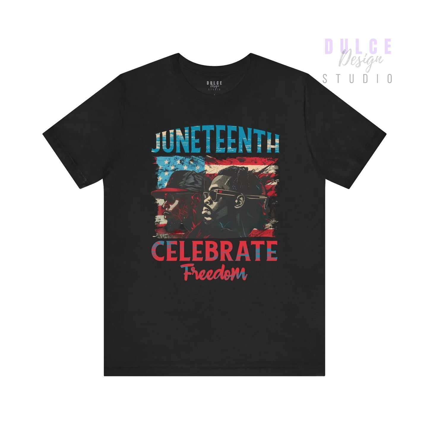 Black t-shirt with 'Juneteenth Celebrate Freedom' graphic on a white background
