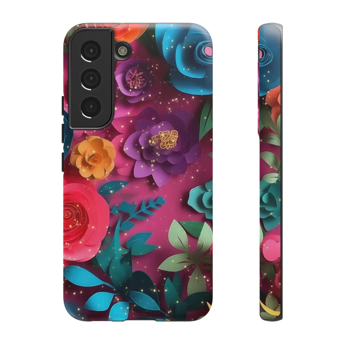 Colorful phone case with bold red, purple, and teal paper flowers