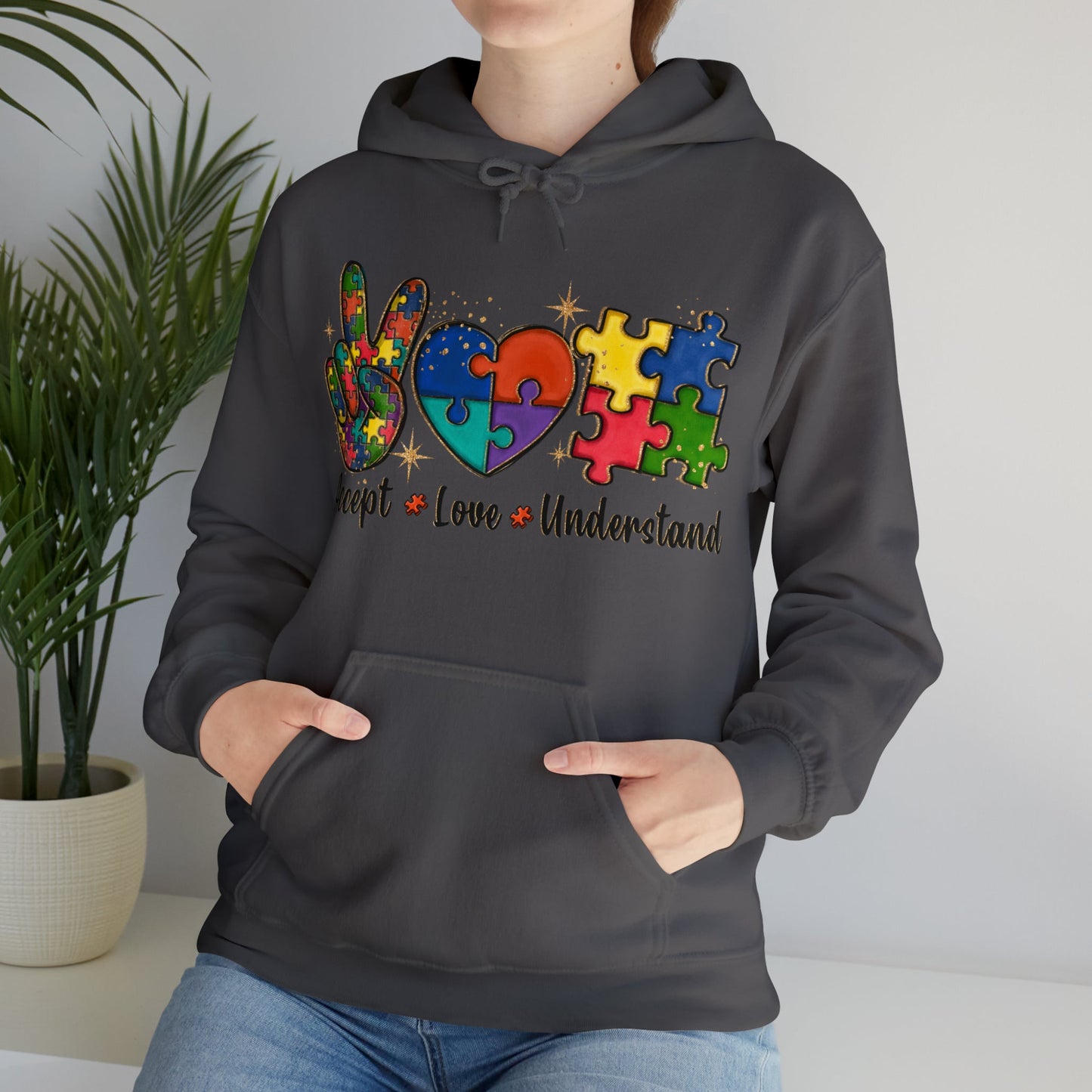 Peace Love Puzzle Hoodie – Inclusion & Advocacy Graphic- Charcoal / 3XL- Dulce Design Studio