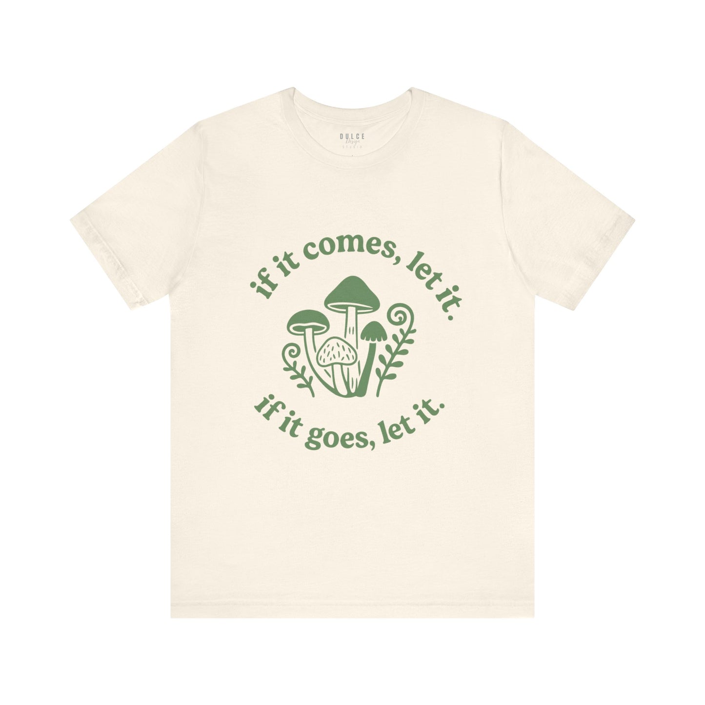 Beige t-shirt with green mushroom graphic and text on a white background