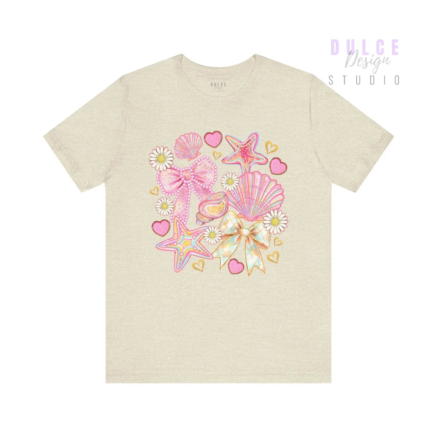 Girly Coastal Vibes – Pastel Shells, Bows & Daisies Tee - Dulce Design Studio