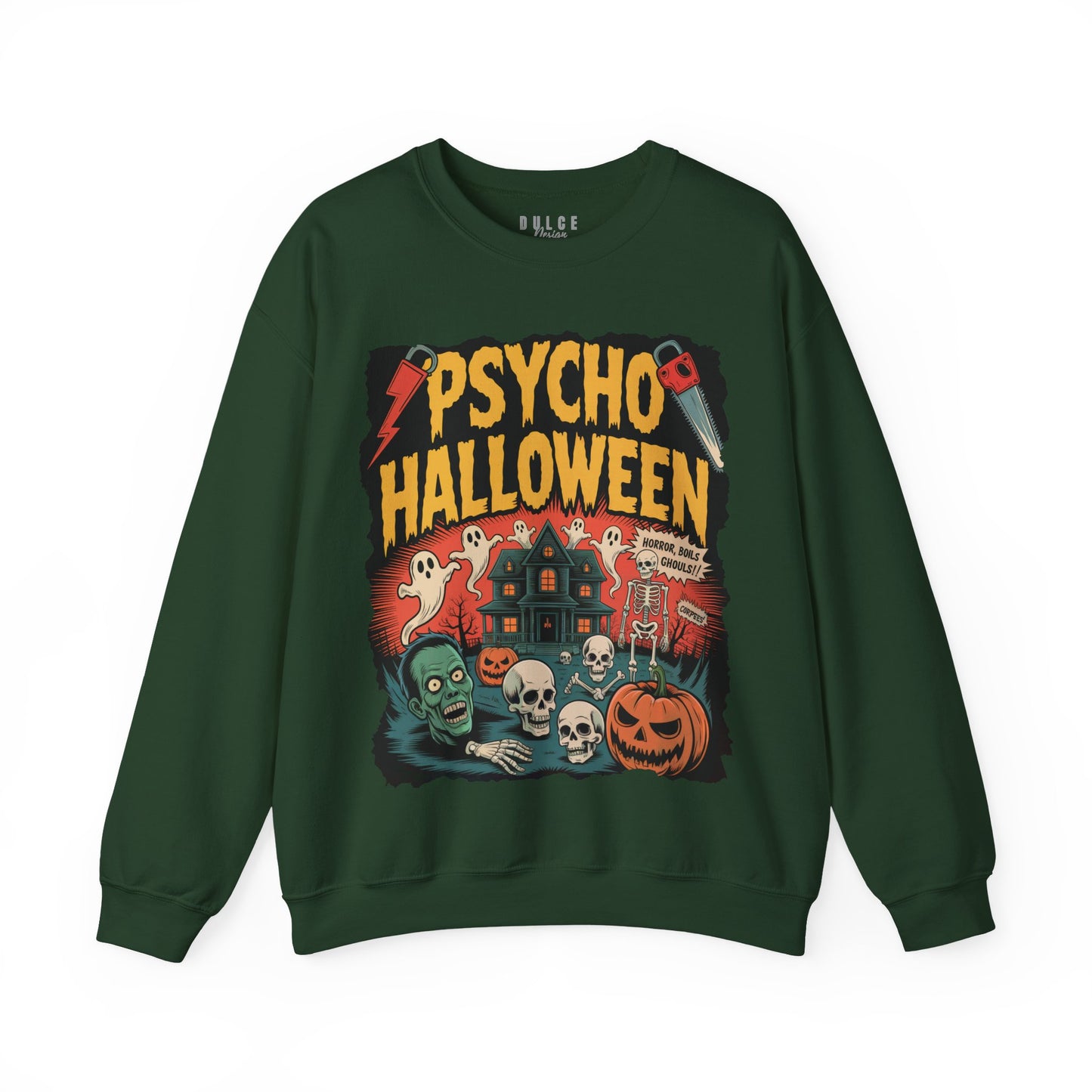 Green sweatshirt with 'Psycho Halloween' graphic design on a white background