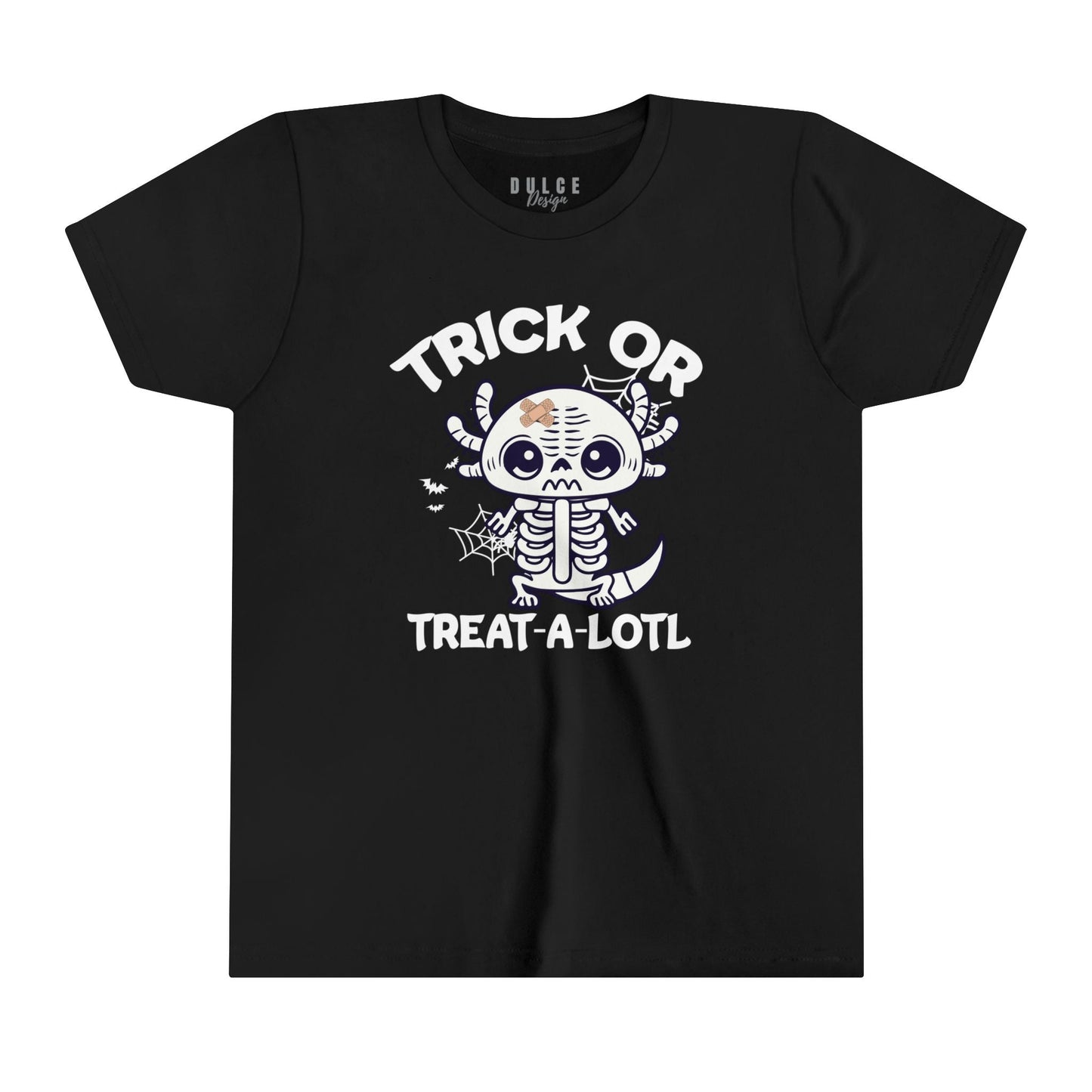 TRICK OR TREAT A-LOTL YOUTH UNISEX HALLOWEN TEE – CUTE AXOLOTL SKELETON SHIRT FOR KIDS- Black / XL- Dulce Design Studio