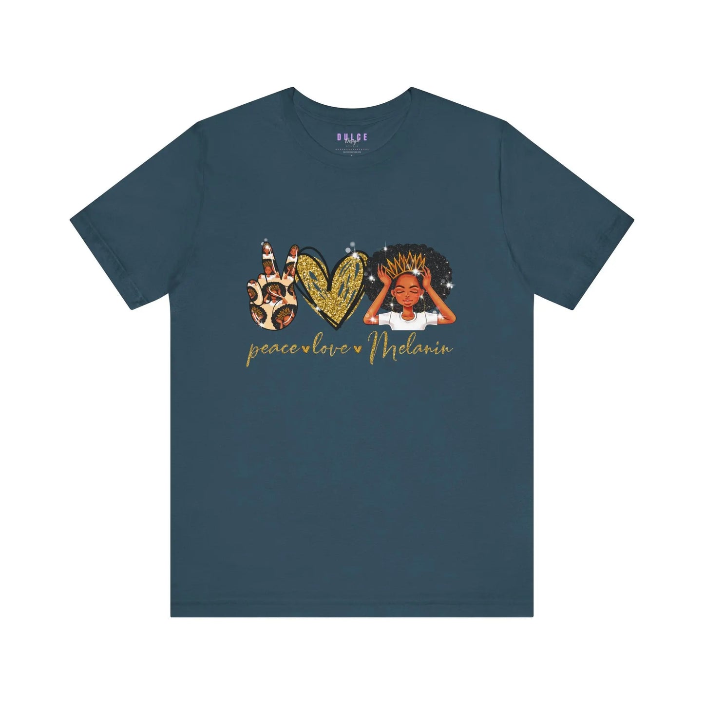 teal t-shirt with a graphic design that includes the words 'PEACE', 'LOVE', and 'MELANIN' on the front.