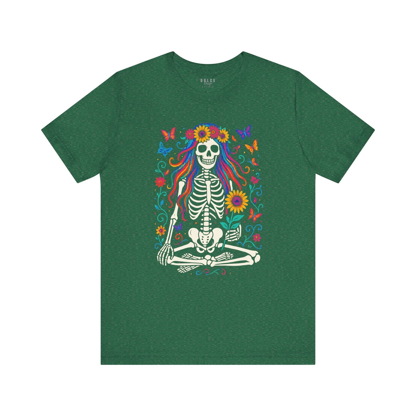 Meditating Skeleton with Rainbow Hair – Floral Boho Goth Tee - Dulce Design Studio