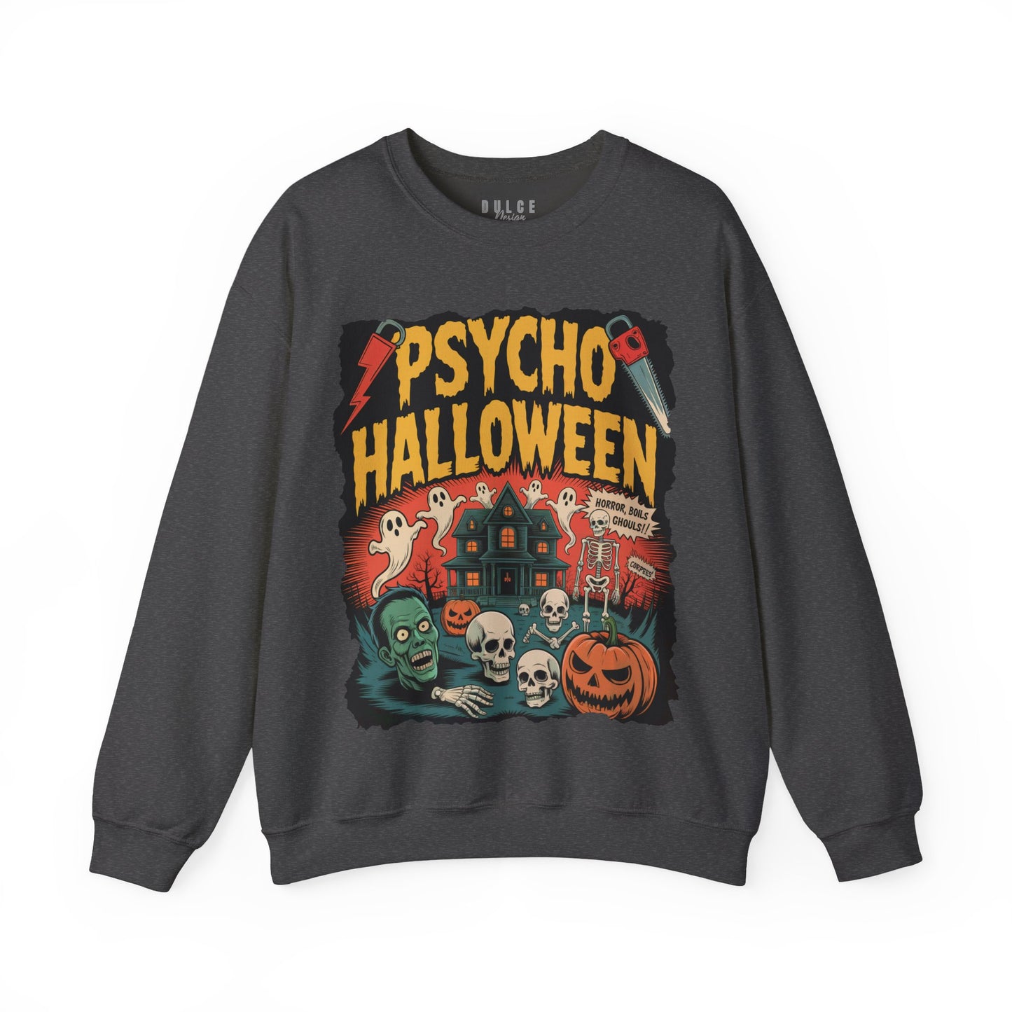 Dark gray sweatshirt with 'Psycho Halloween' graphic design on a white background