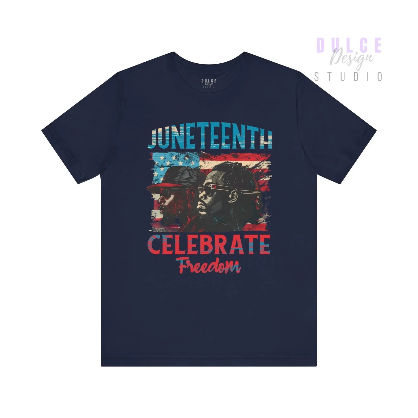 Navy blue t-shirt with 'Juneteenth Celebrate Freedom' graphic on a white background