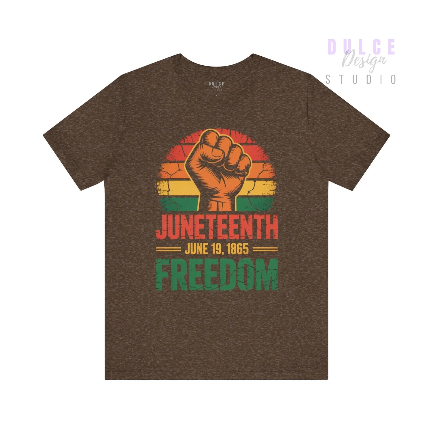 Brown t-shirt with a fist graphic and 'Juneteenth June 19, 1865 Freedom' text on a white background