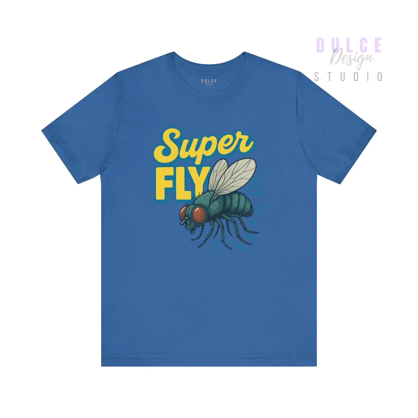 Blue t-shirt with 'Super Fly' graphic design on a white background