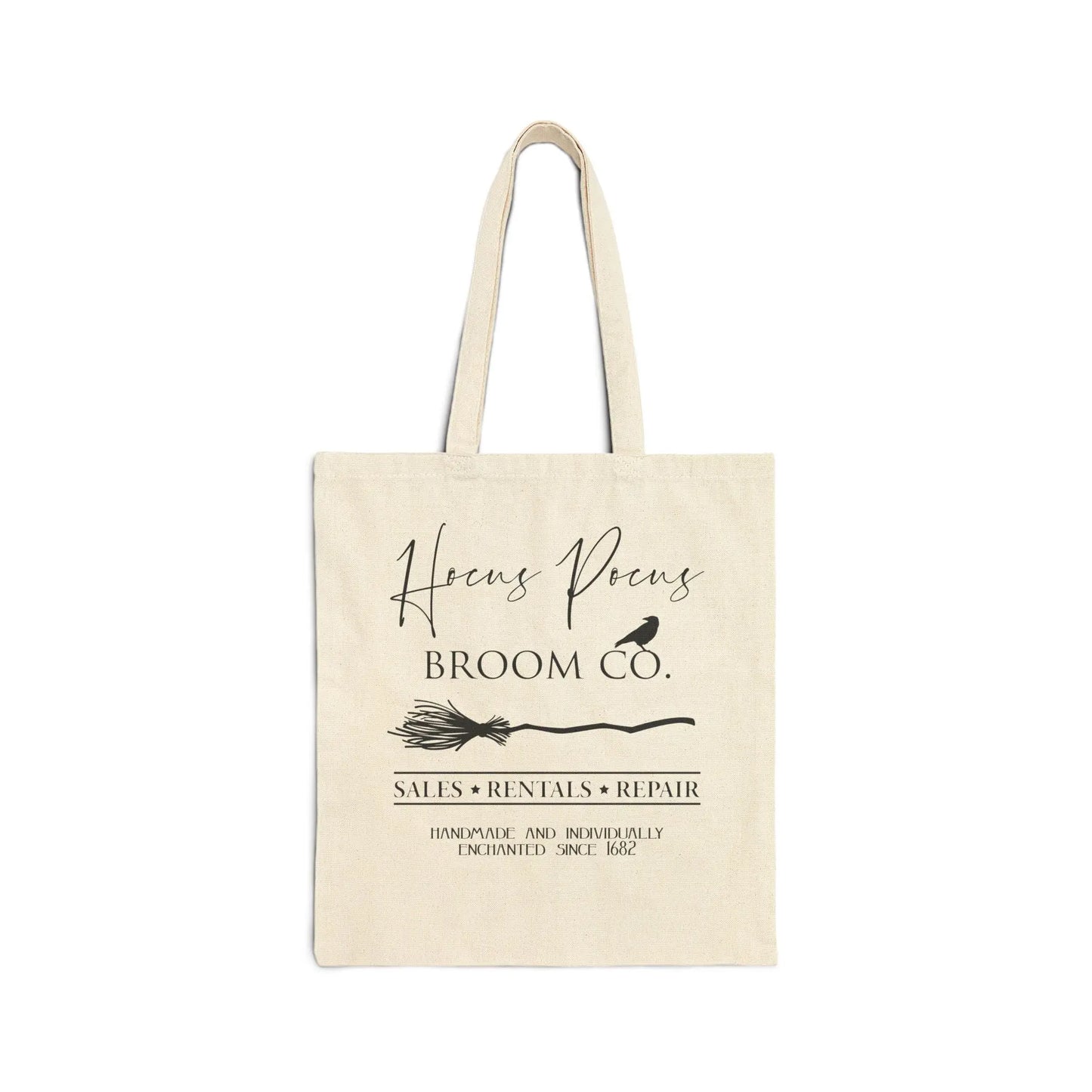 Canvas tote bag with vintage broomstick design and magical vibe