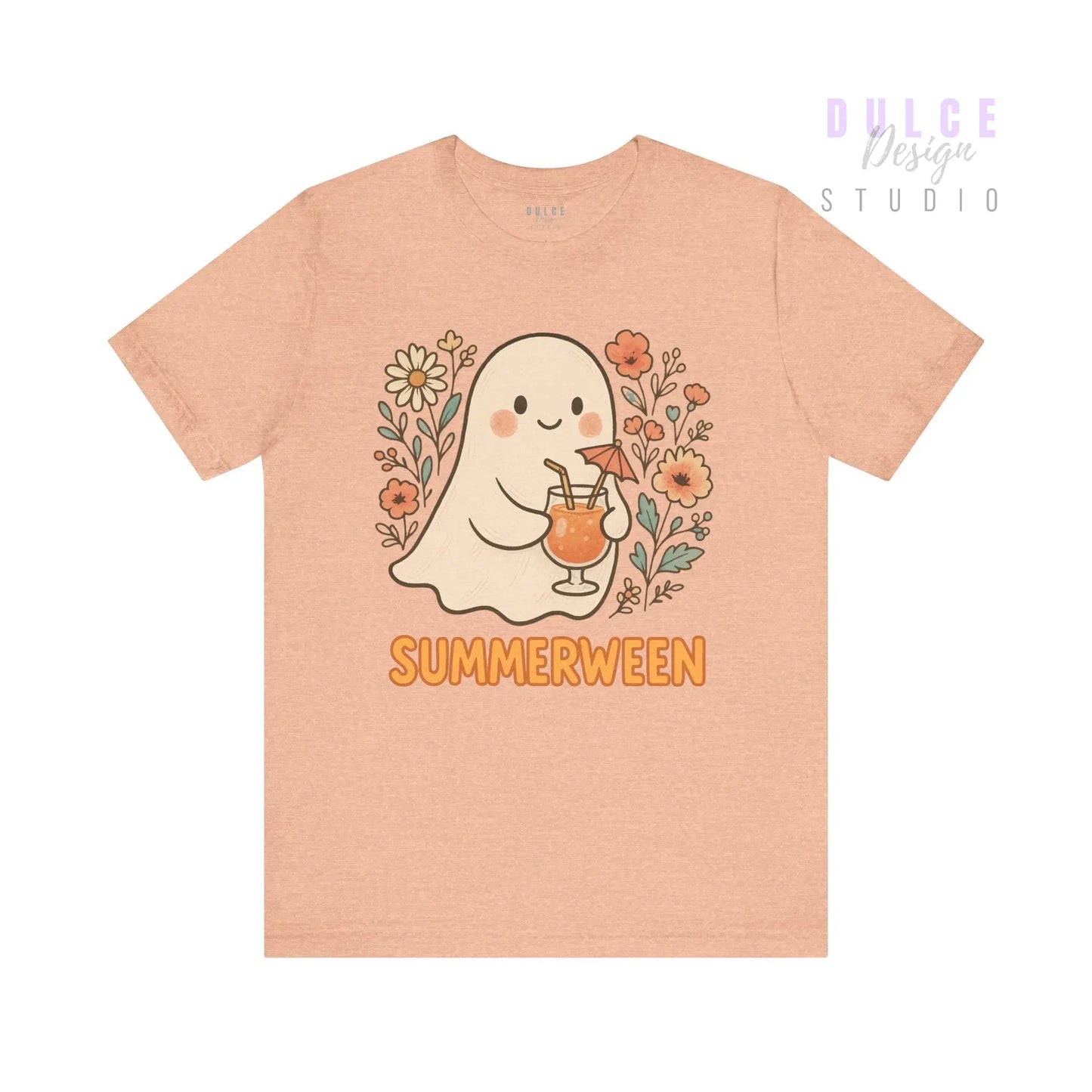 Summerween Ghost T-Shirt – Vintage Style Floral Halloween Tee - Heather Peach / 3XL Dulce Design Studio