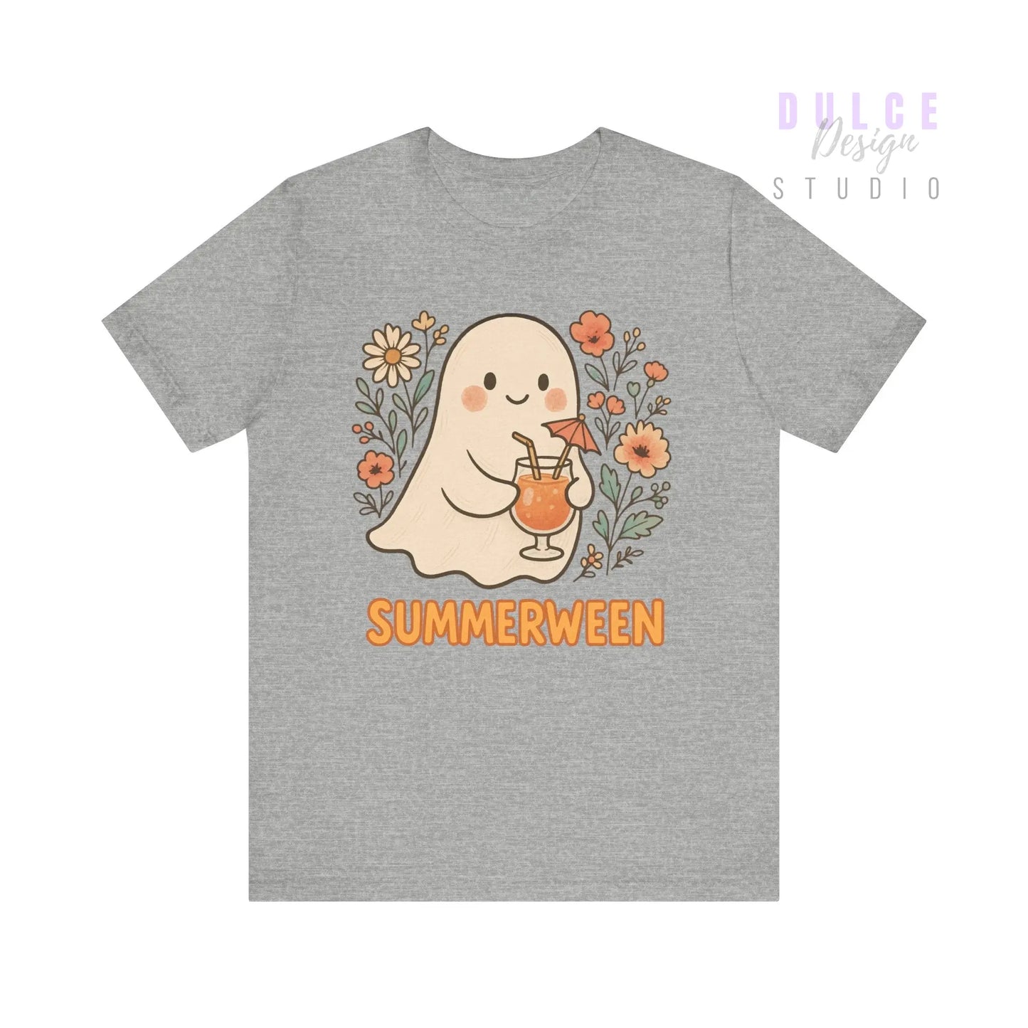 Summerween Ghost T-Shirt – Vintage Style Floral Halloween Tee - Athletic Heather / 3XL Dulce Design Studio