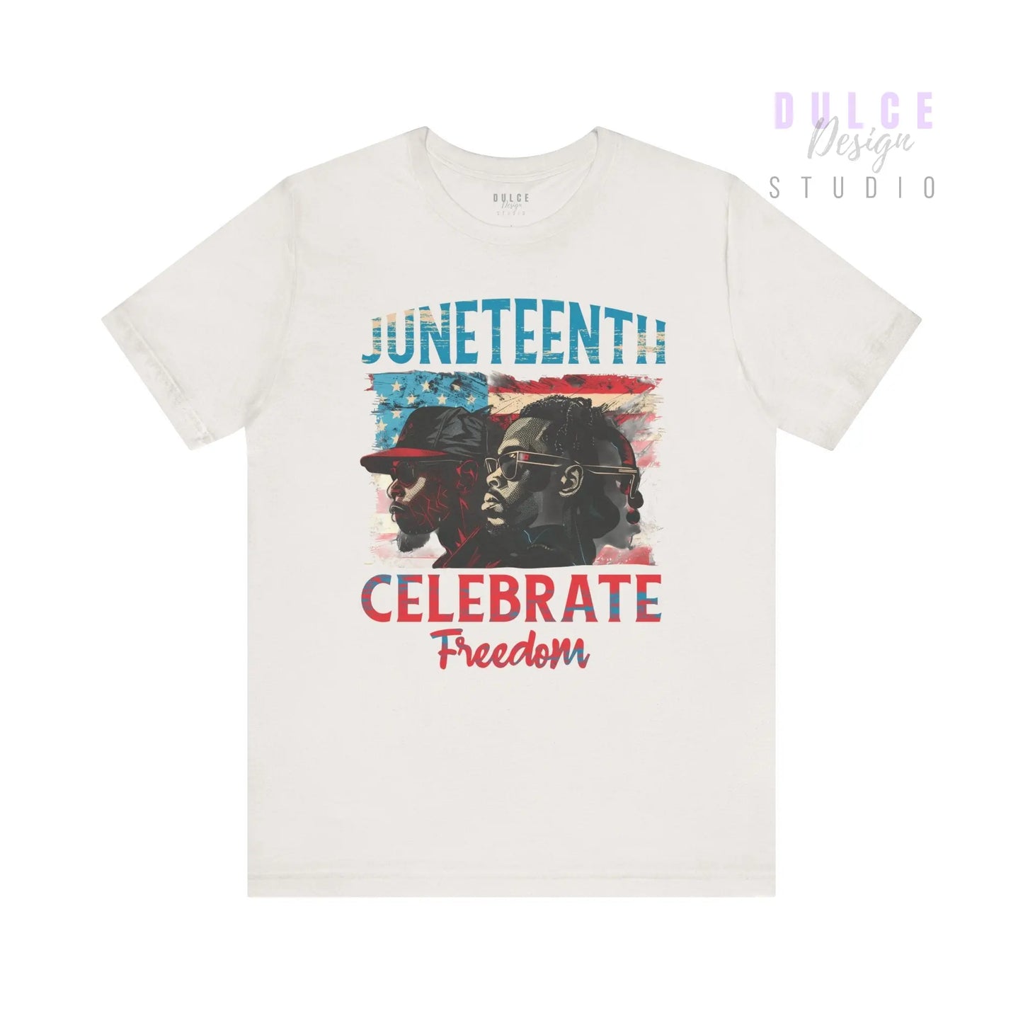 White t-shirt with 'Juneteenth Celebrate Freedom' graphic on a white background