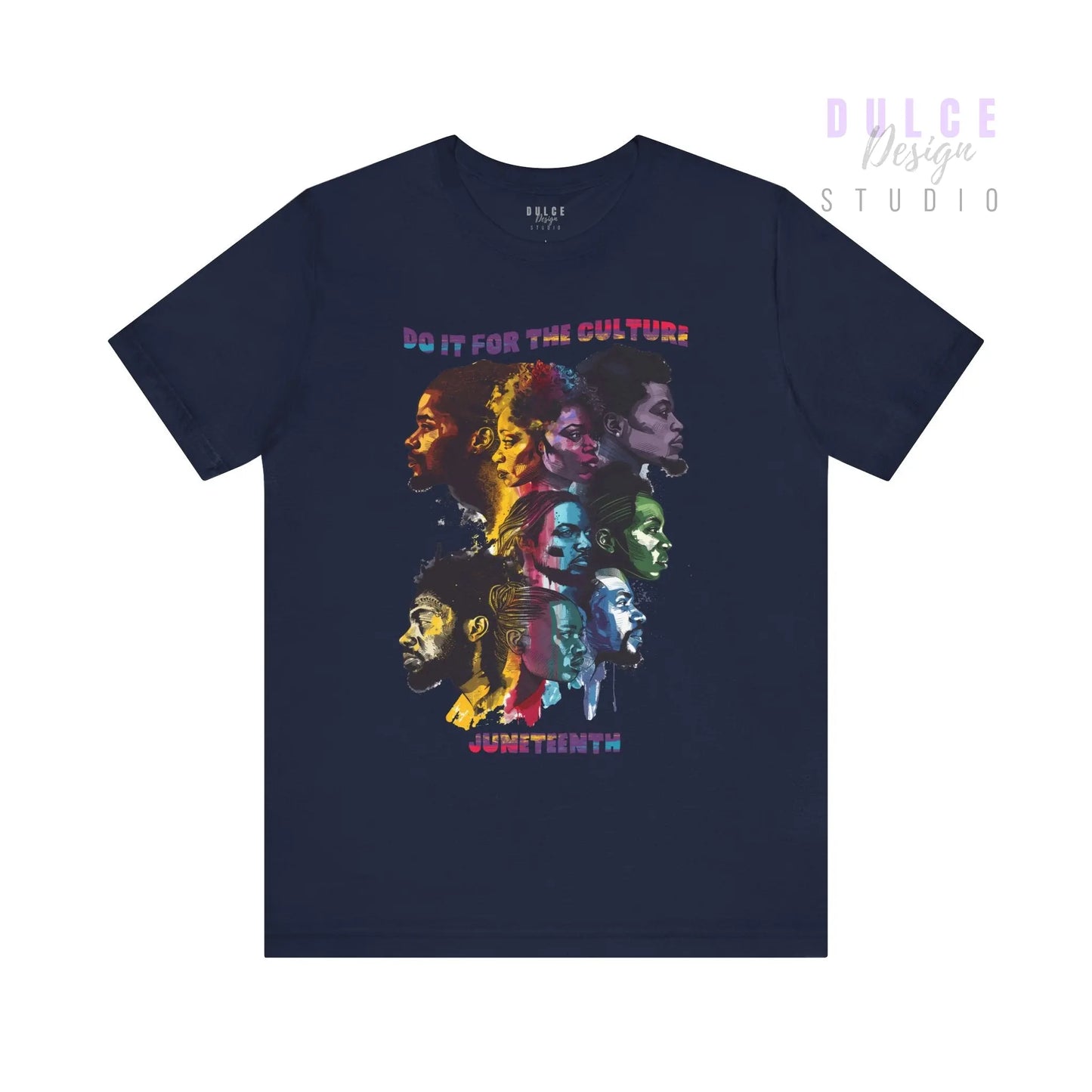 Navy blue t-shirt with colorful graphic and text on a white background