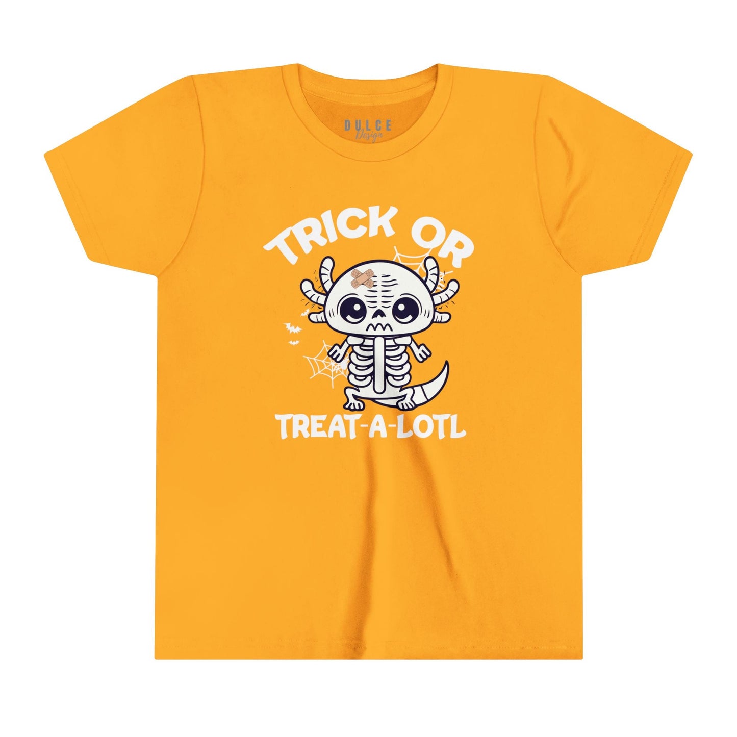 TRICK OR TREAT A-LOTL YOUTH UNISEX HALLOWEN TEE – CUTE AXOLOTL SKELETON SHIRT FOR KIDS- Gold / XL- Dulce Design Studio