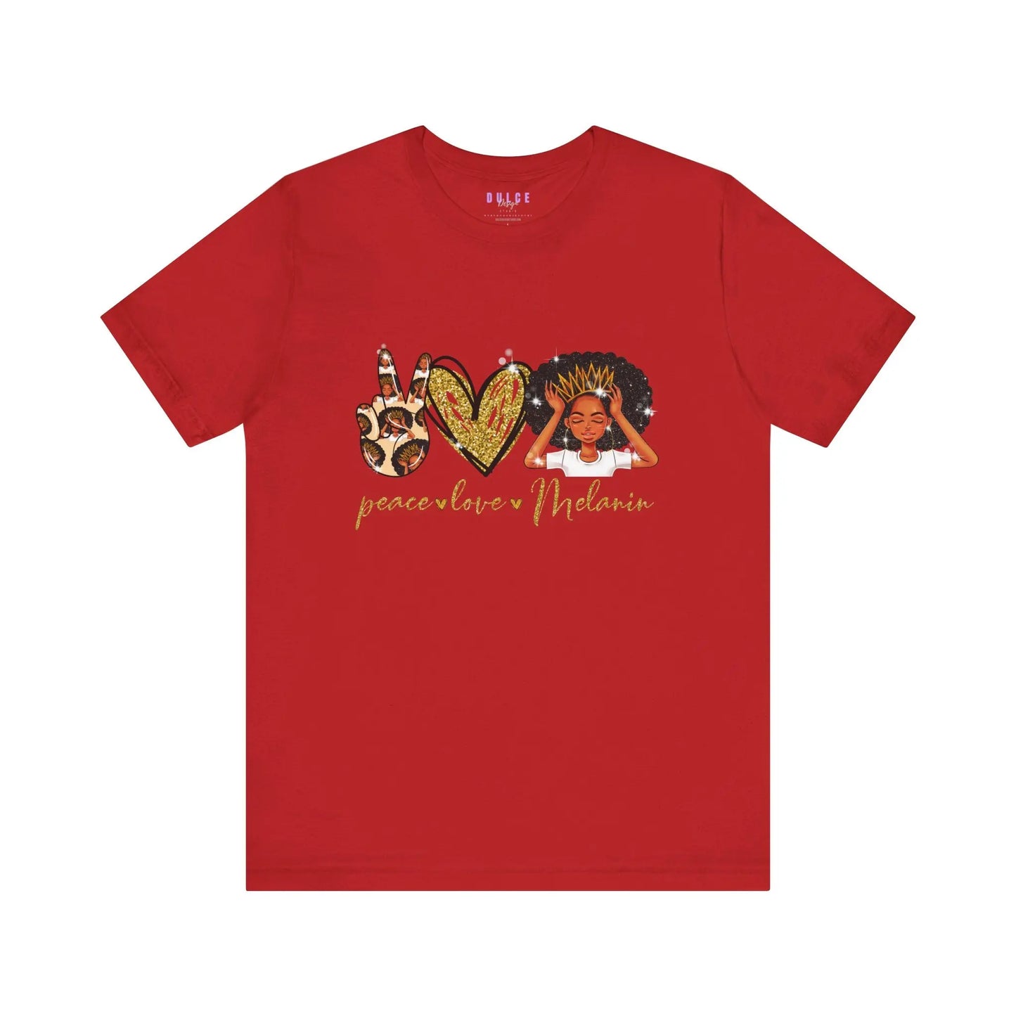 red t-shirt with a graphic design that includes the words 'PEACE', 'LOVE', and 'MELANIN' on the front
