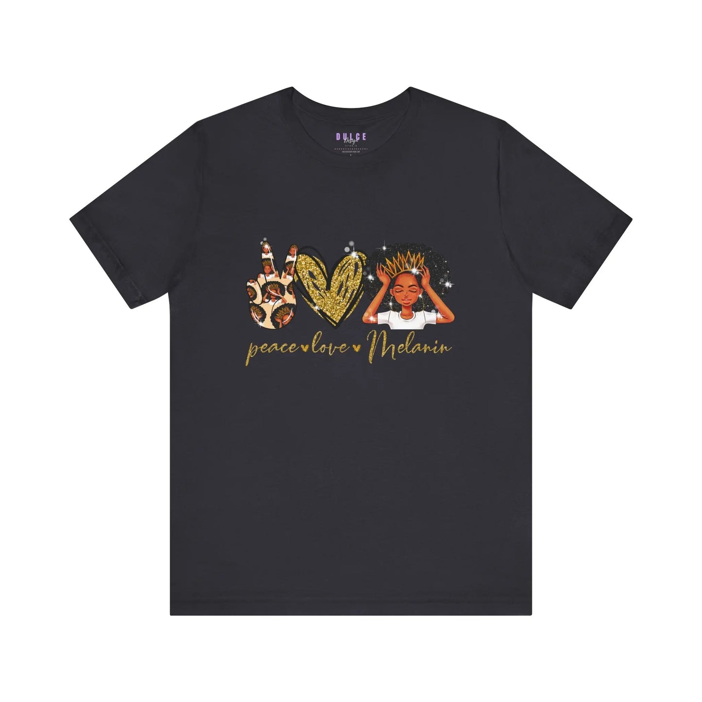 black t-shirt with a graphic design that includes the words 'PEACE', 'LOVE', and 'MELANIN' on the front,