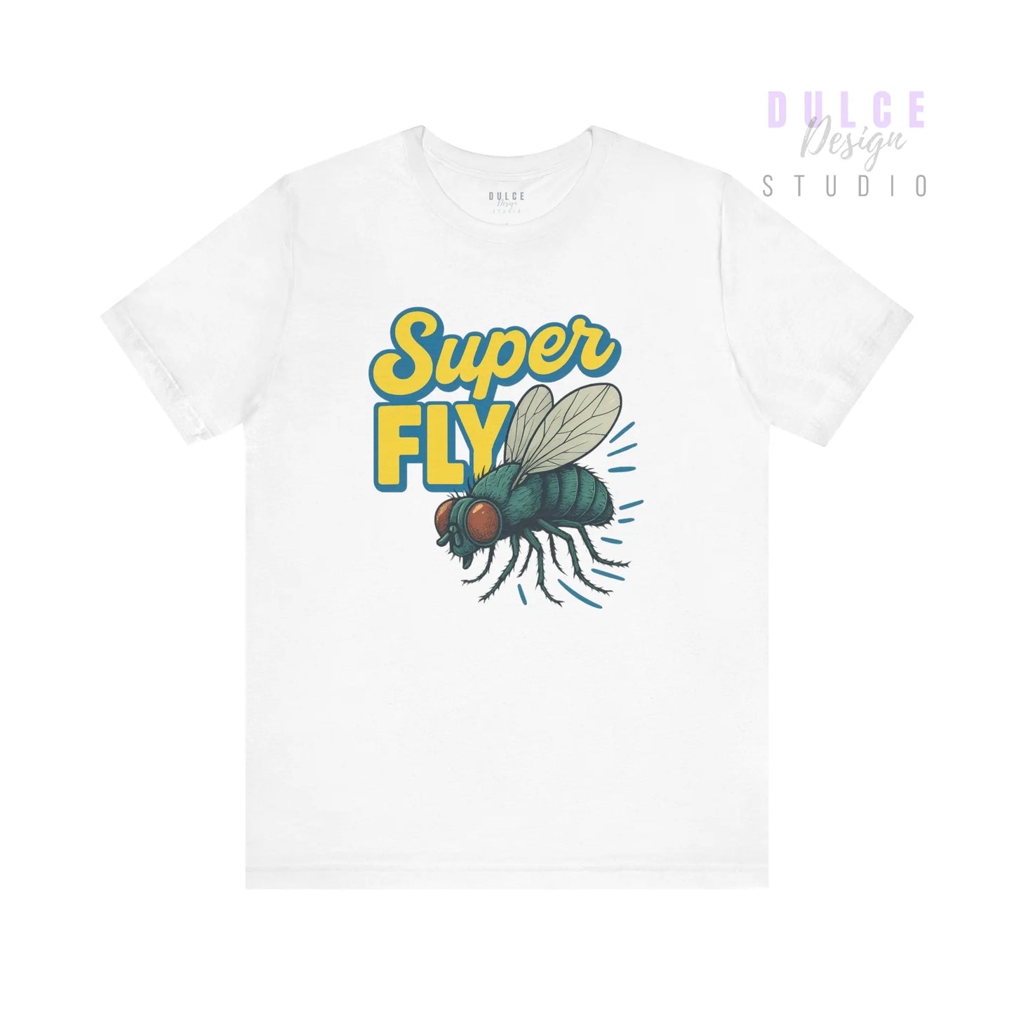White t-shirt with 'Super Fly' graphic design on a white background