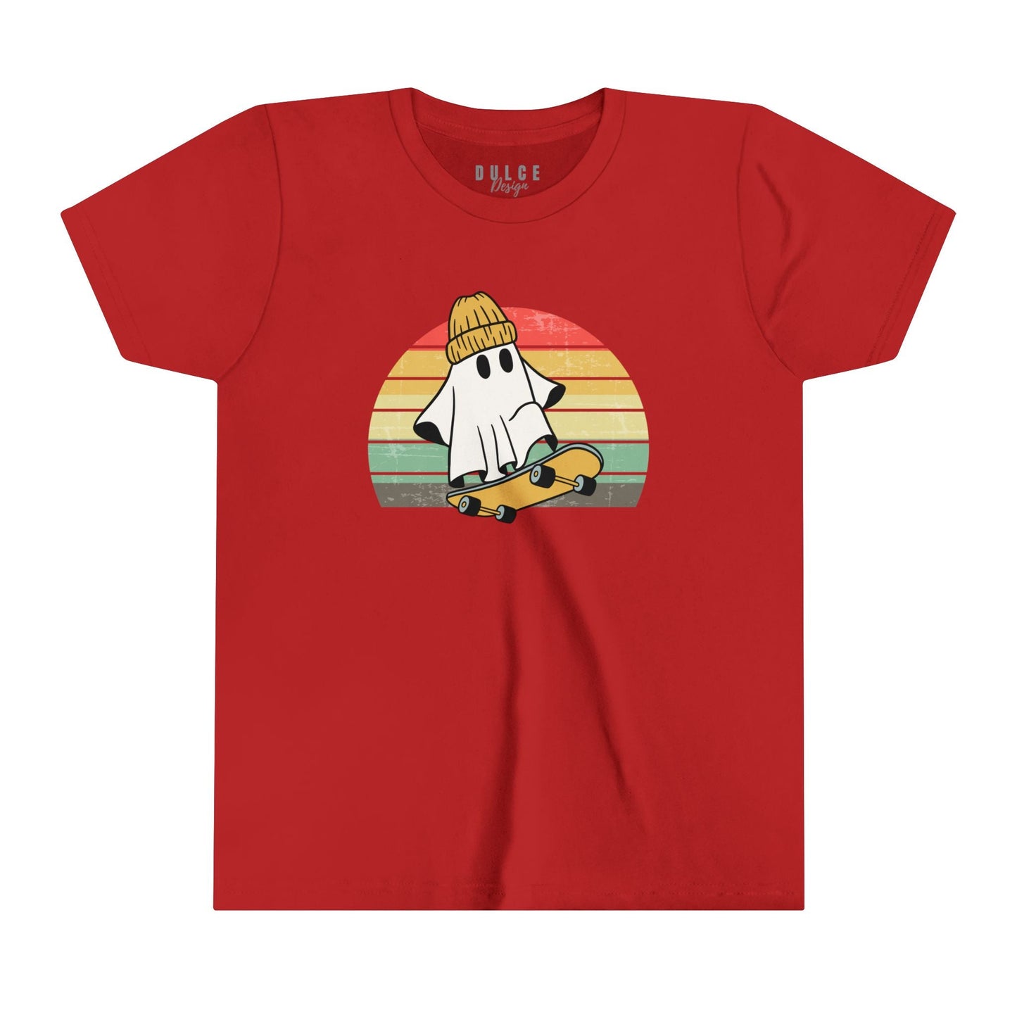 SKATEBOARDING GHOST HALLOWEEN UNISEX YOUTH TEE - COOL & SPOOKY T-SHIRT FOR KIDS- Red / XL- Dulce Design Studio