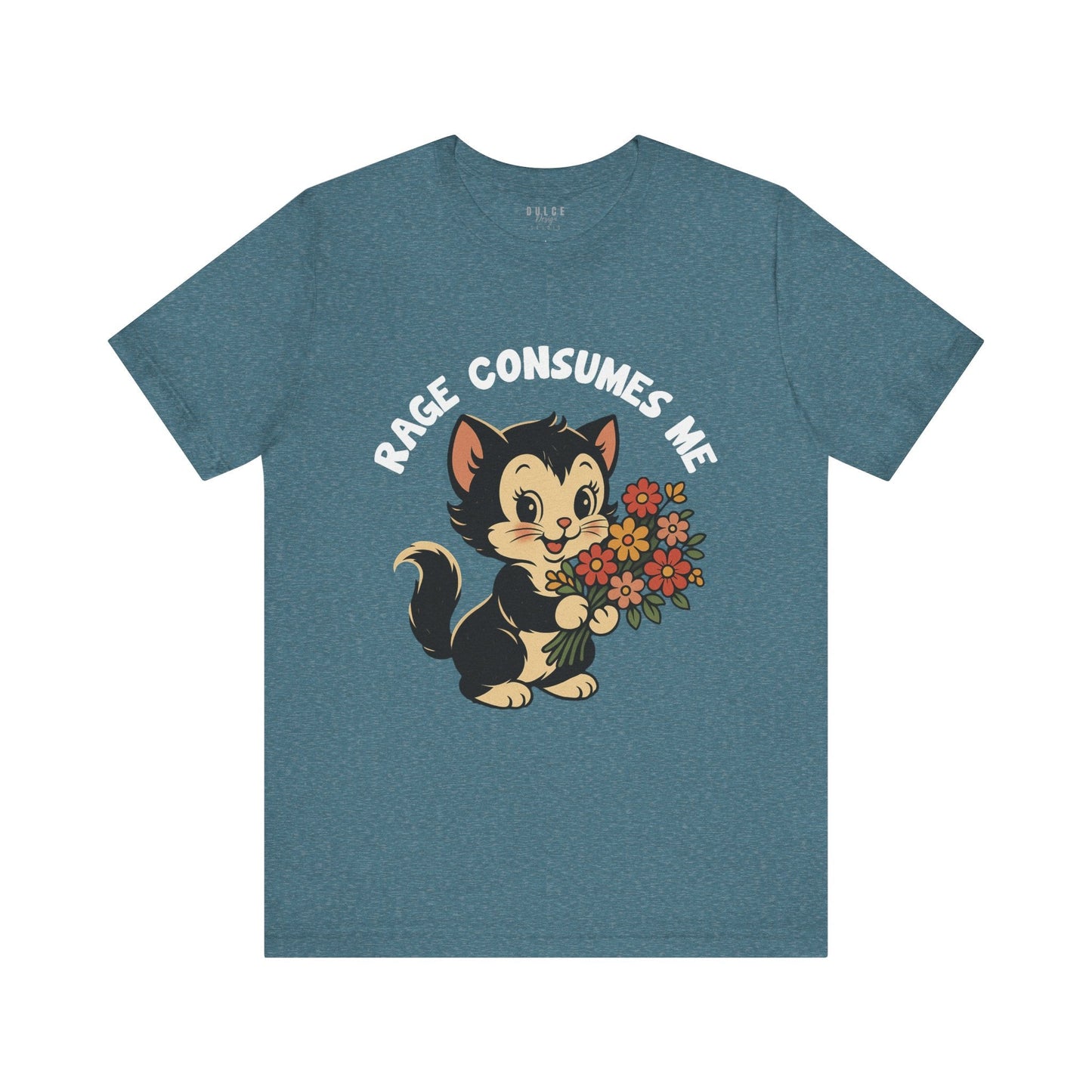 Rage Consumes Me Vintage Cat Graphic Tee- Heather Deep Teal / 3XL- Dulce Design Studio