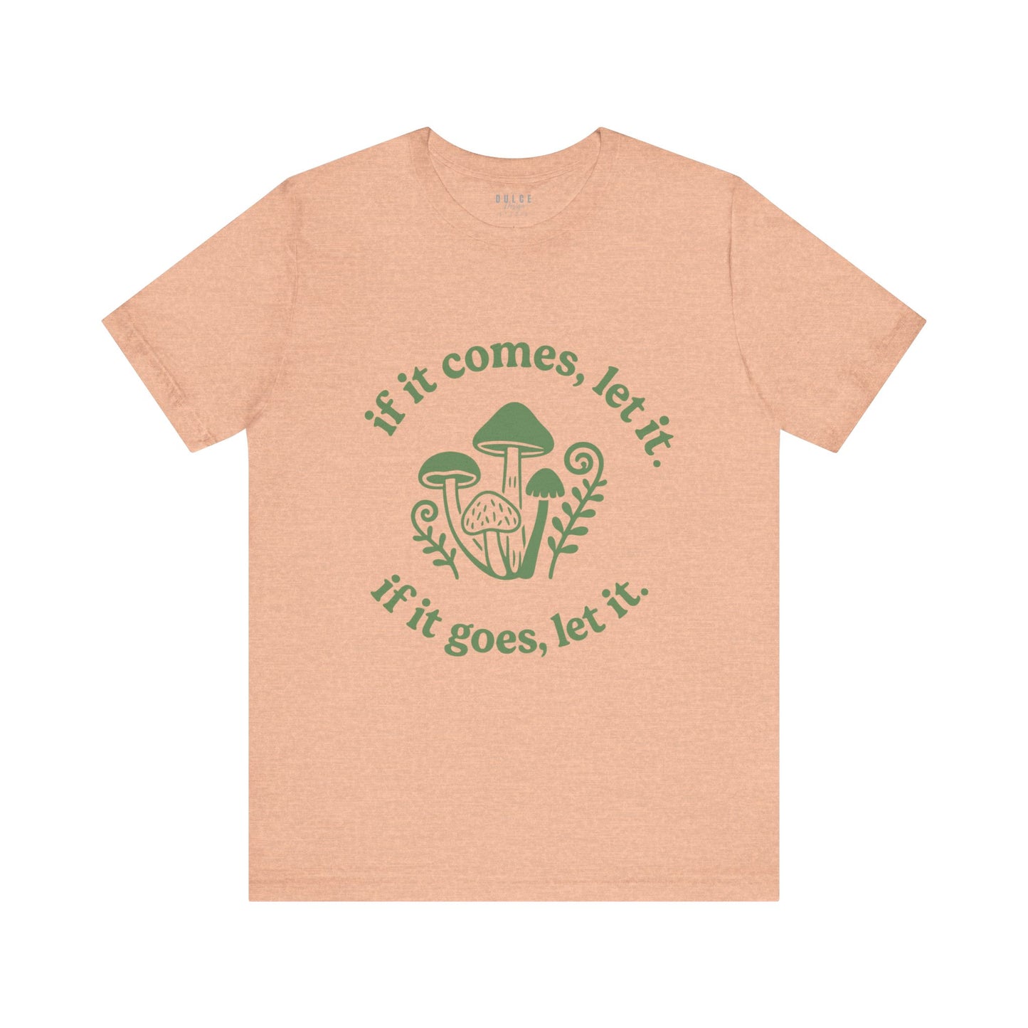 Beige t-shirt with green mushroom graphic and text on a white background