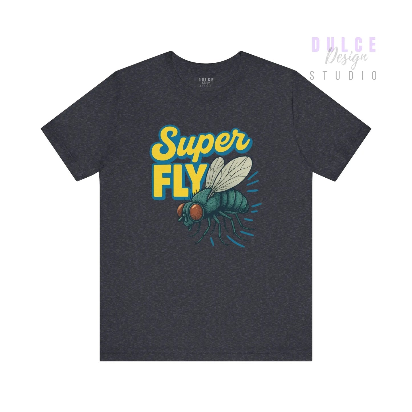Navy blue t-shirt with 'Super Fly' graphic design on a white background
