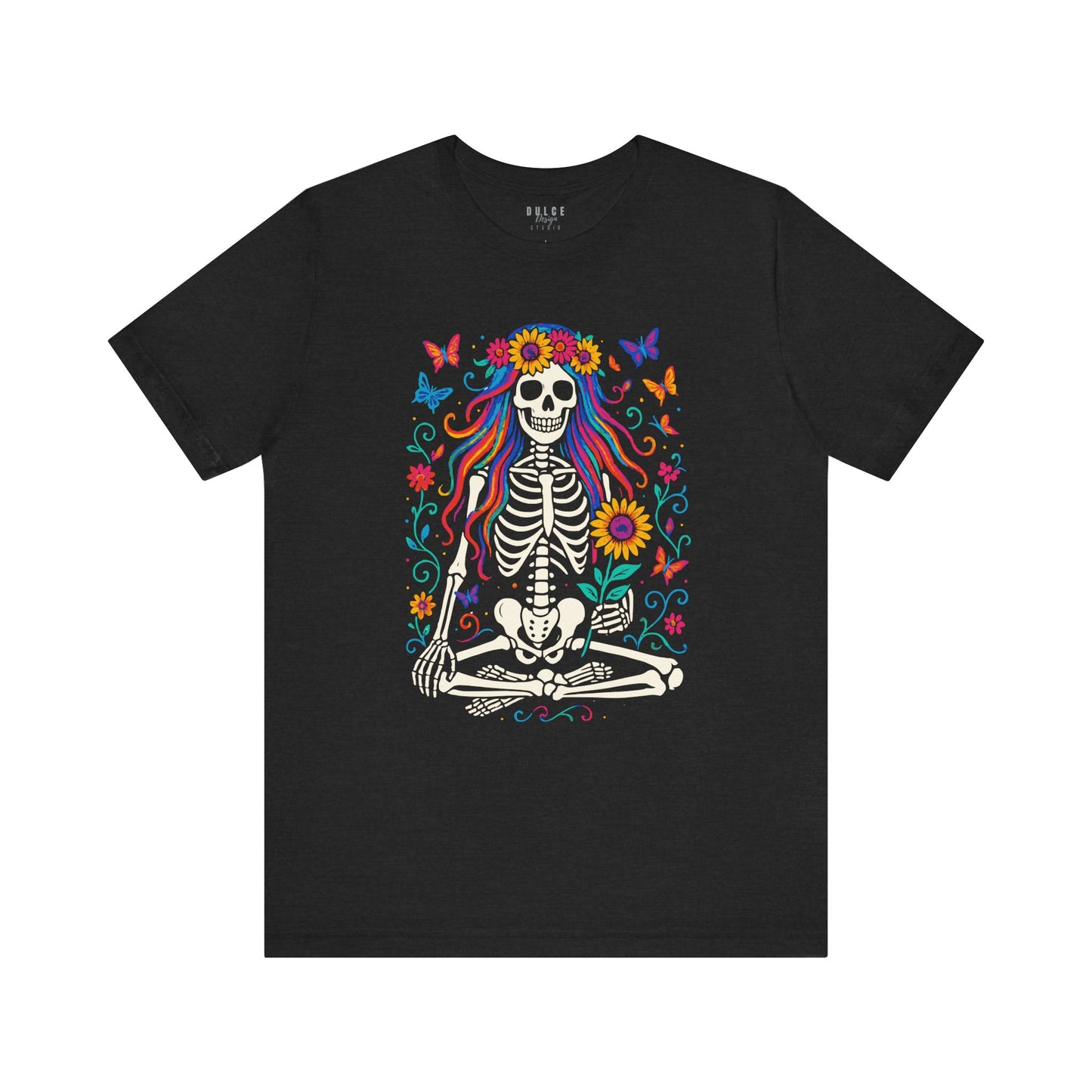Meditating Skeleton with Rainbow Hair – Floral Boho Goth Tee - Dulce Design Studio
