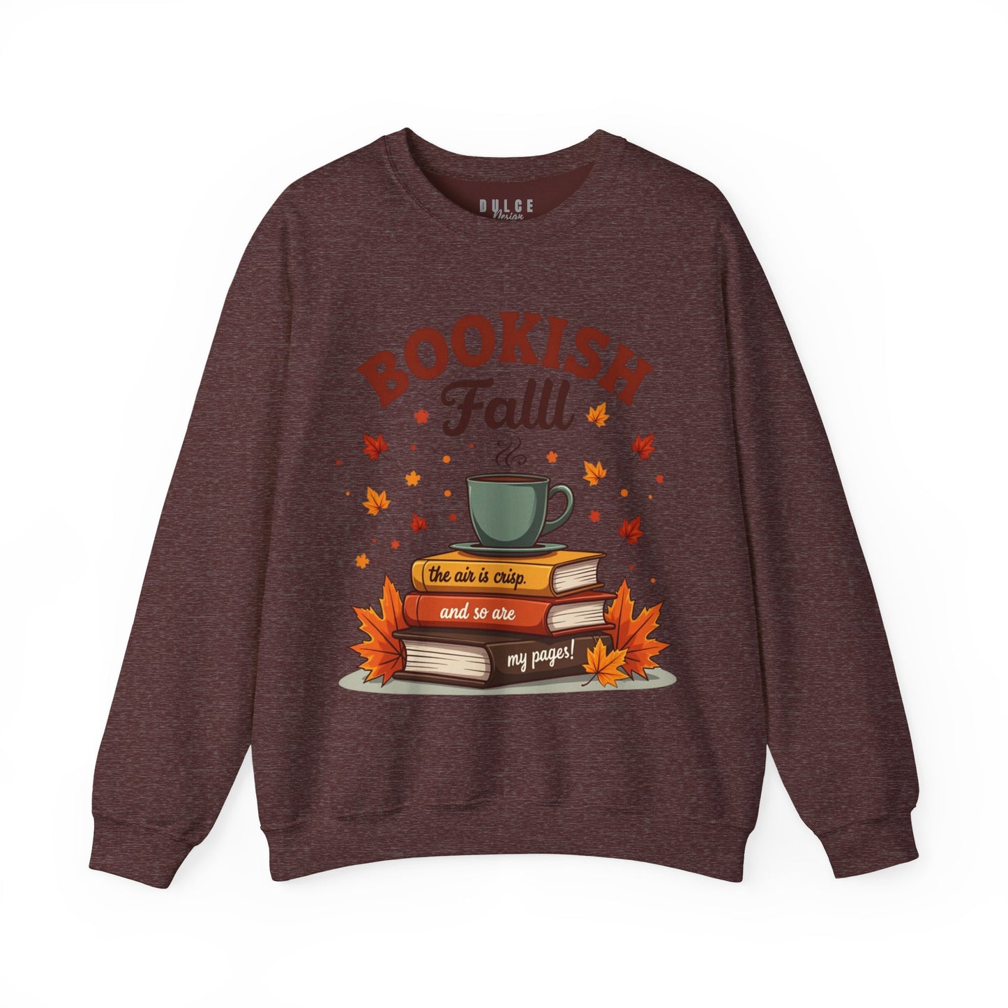 Maroon sweatshirt with 'Bookish Fall' design featuring books and a mug on a white background
