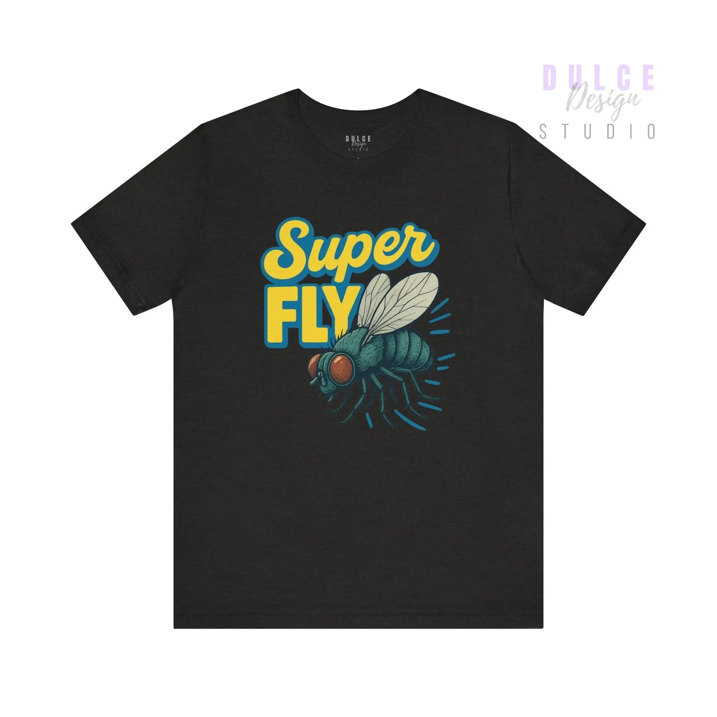 Black t-shirt with 'Super Fly' graphic design on a white background