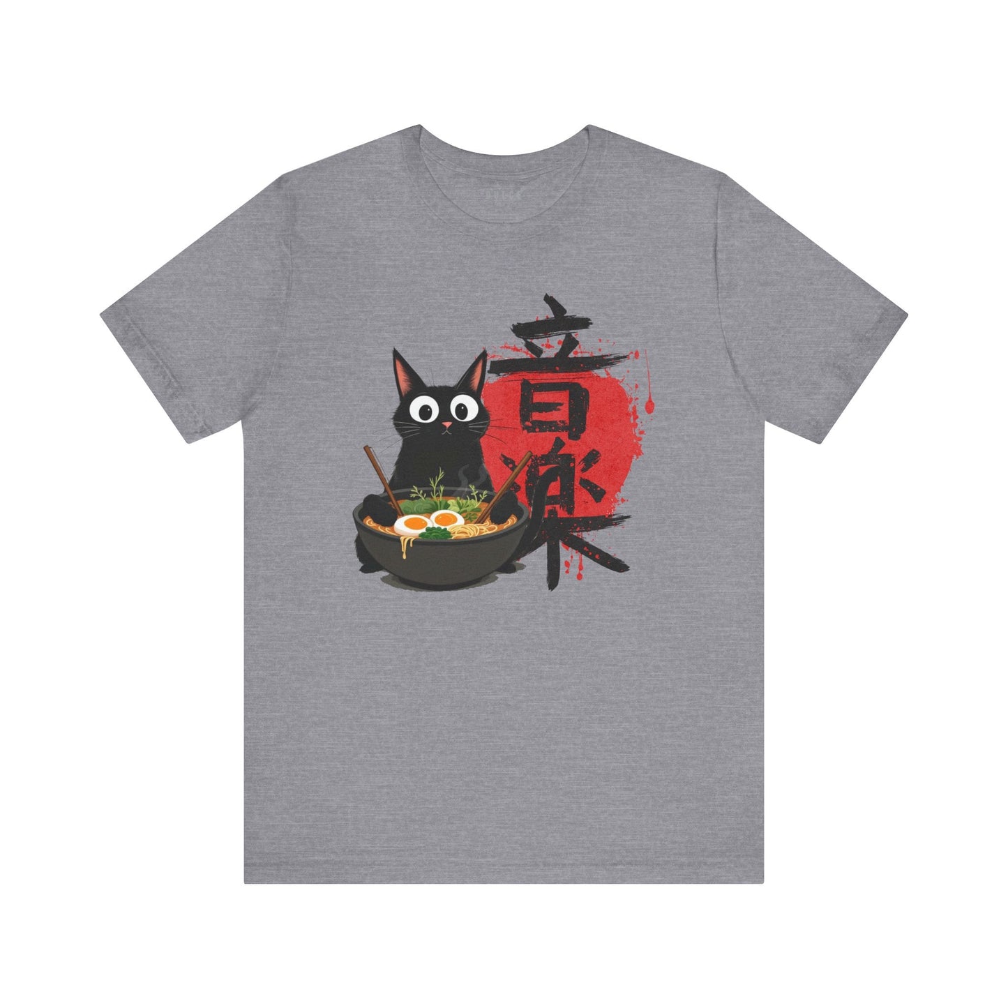 Ramen Cat Tee – Noodle Bowl Kitty Shirt- Heather Storm / 3XL- Dulce Design Studio