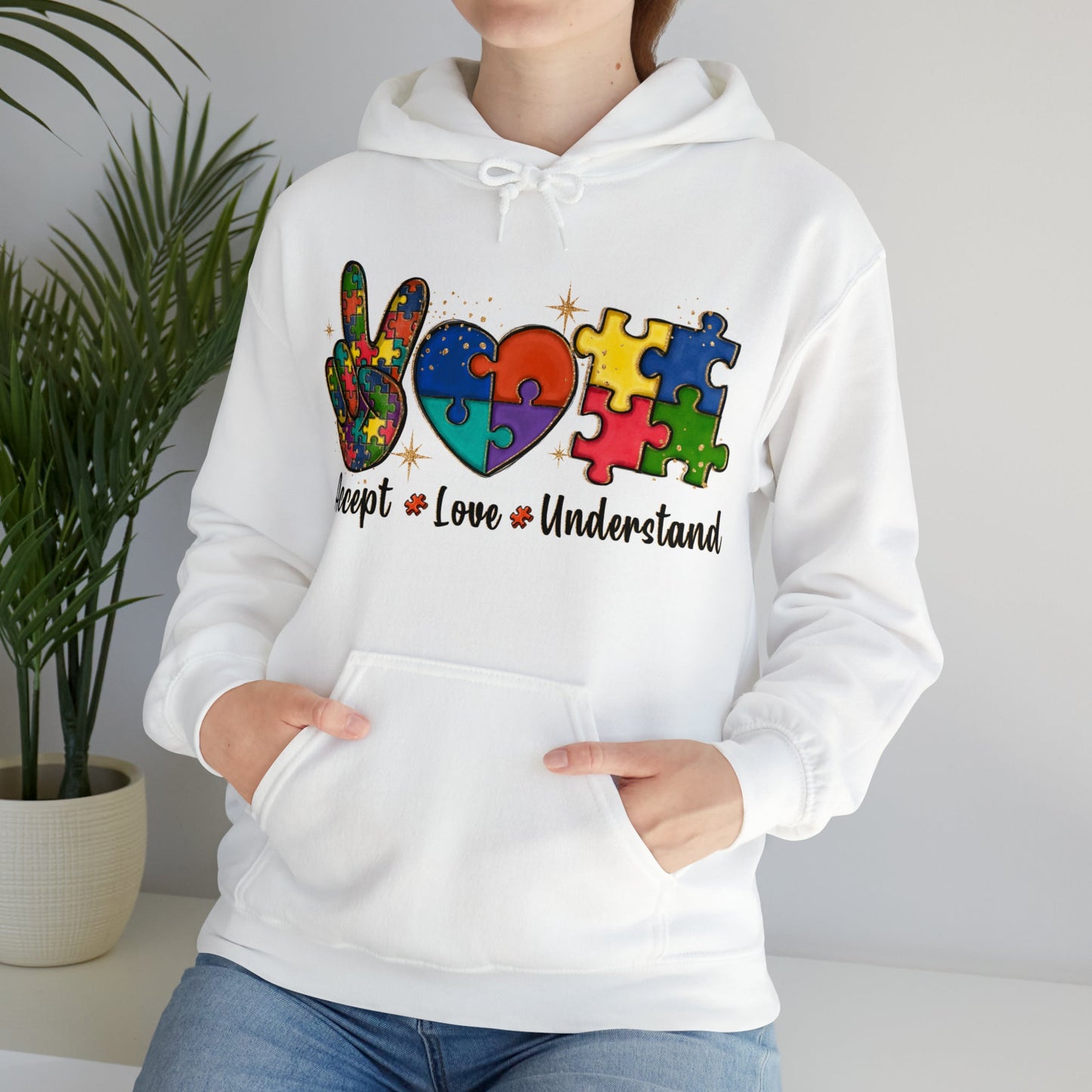 Peace Love Puzzle Hoodie – Inclusion & Advocacy Graphic- White / 3XL- Dulce Design Studio