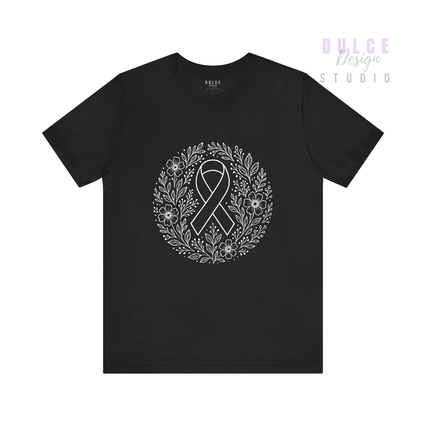 Black awareness ribbon t-shirt with hand-drawn white floral wreath design representing remembrance and support