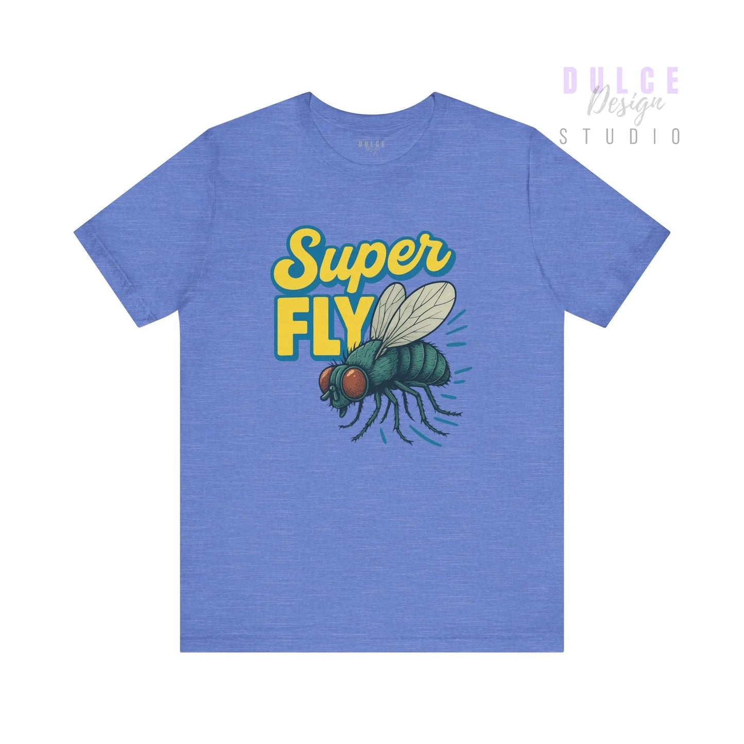 Blue t-shirt with 'Super Fly' graphic on a white background